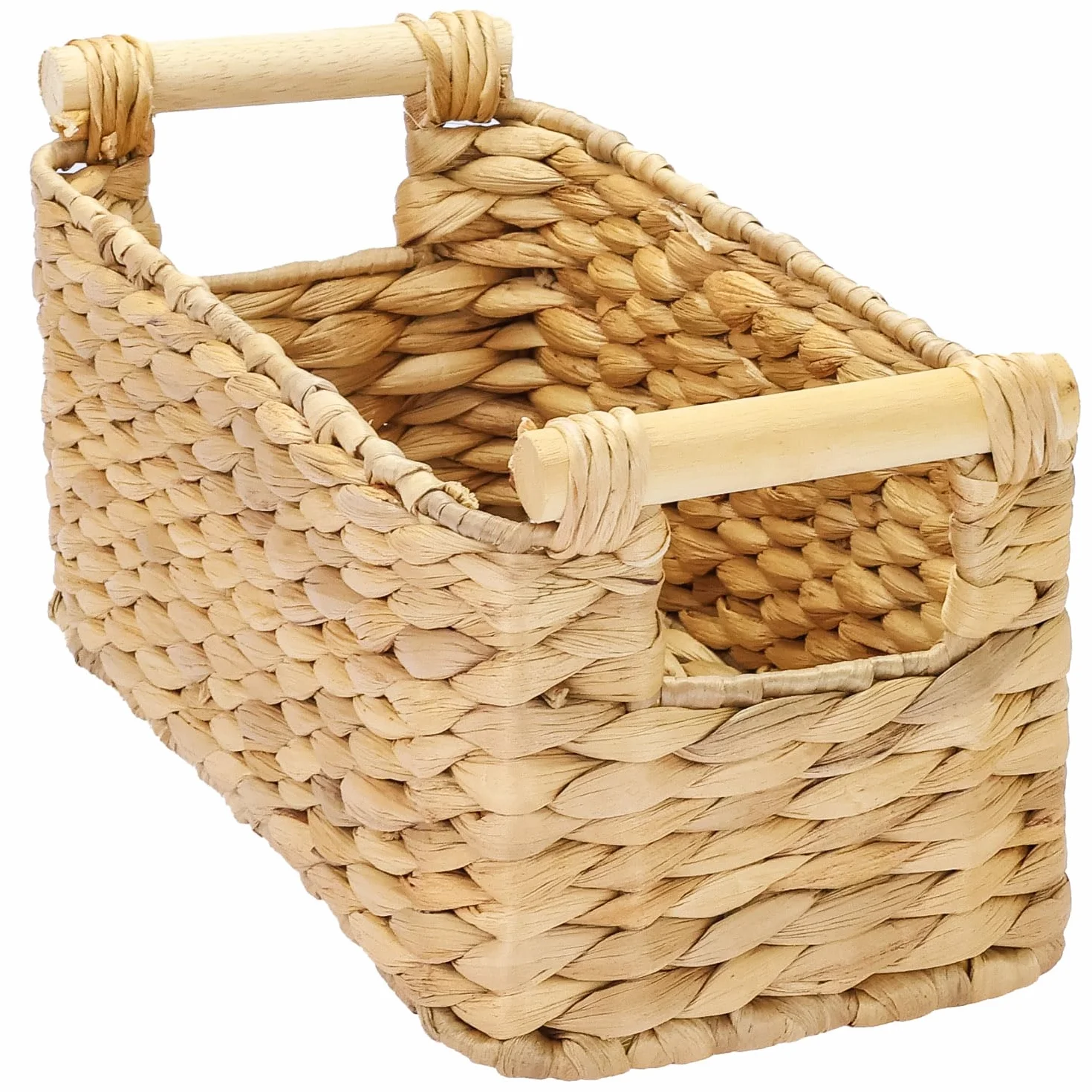 HMF Kosz do przechowywania pleciony z hiacyntu wodnego, kosz dekoracyjny z drewnianymi uchwytami do przechowywania rzeczy w łazience, salonie, kuchni | 30 x 15 x 13 cm | naturalny
