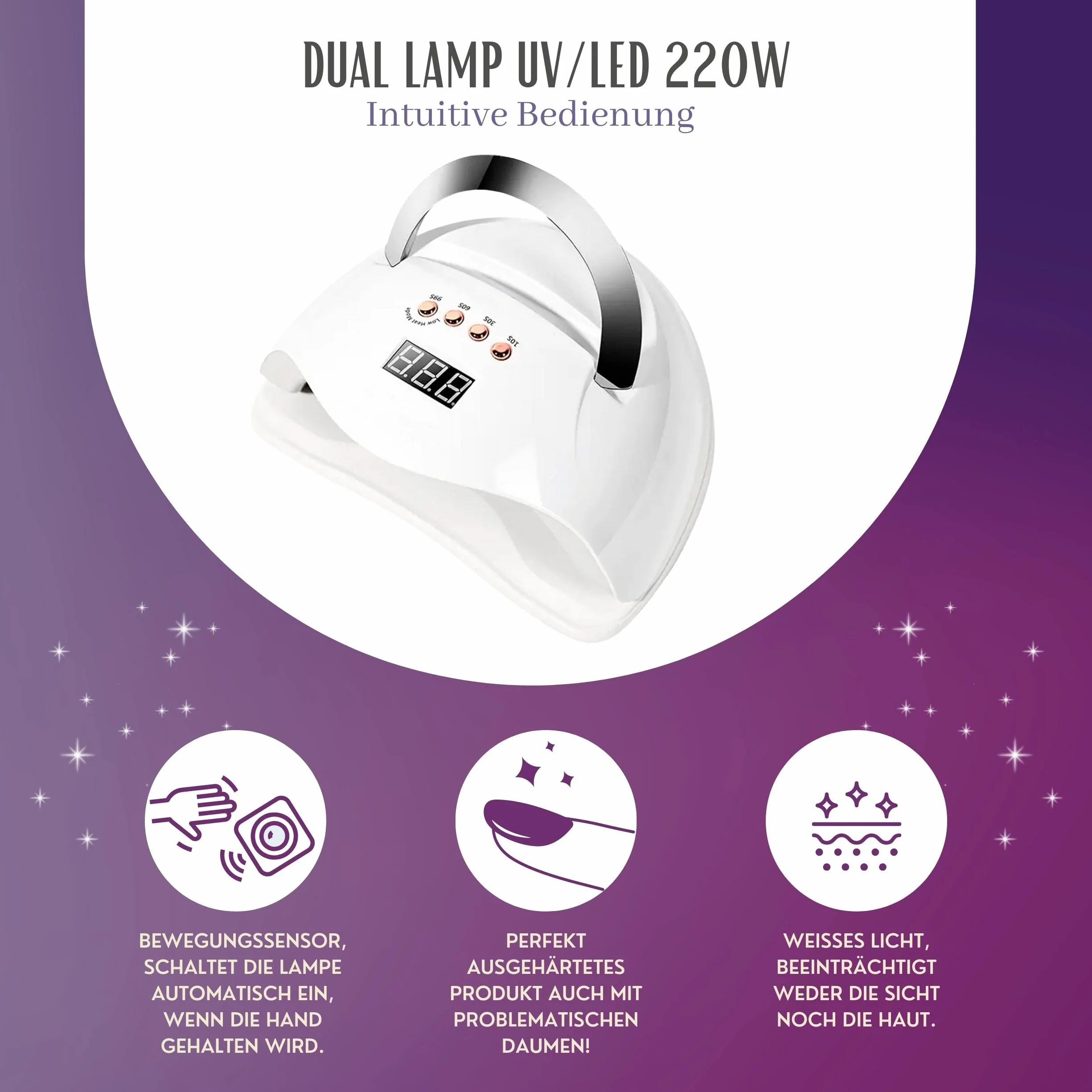 INLAQ® Max Dual UV/LED lampa do paznokci – 220 W, biała lampa do hybrydowych lakierów do paznokci i żeli, z uchwytem na telefon komórkowy i czujnikiem ruchu
