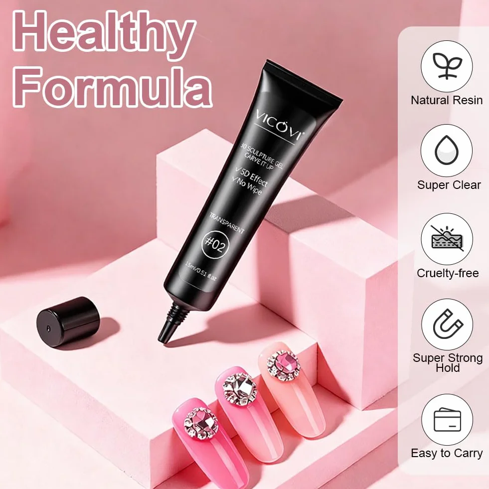 LOPHE Żel 3D Nail Art 15 ml, wielofunkcyjny żel do paznokci strasu, klej charms do rzeźbienia paznokci, modelowania paznokci, chromowany proszek do paznokci