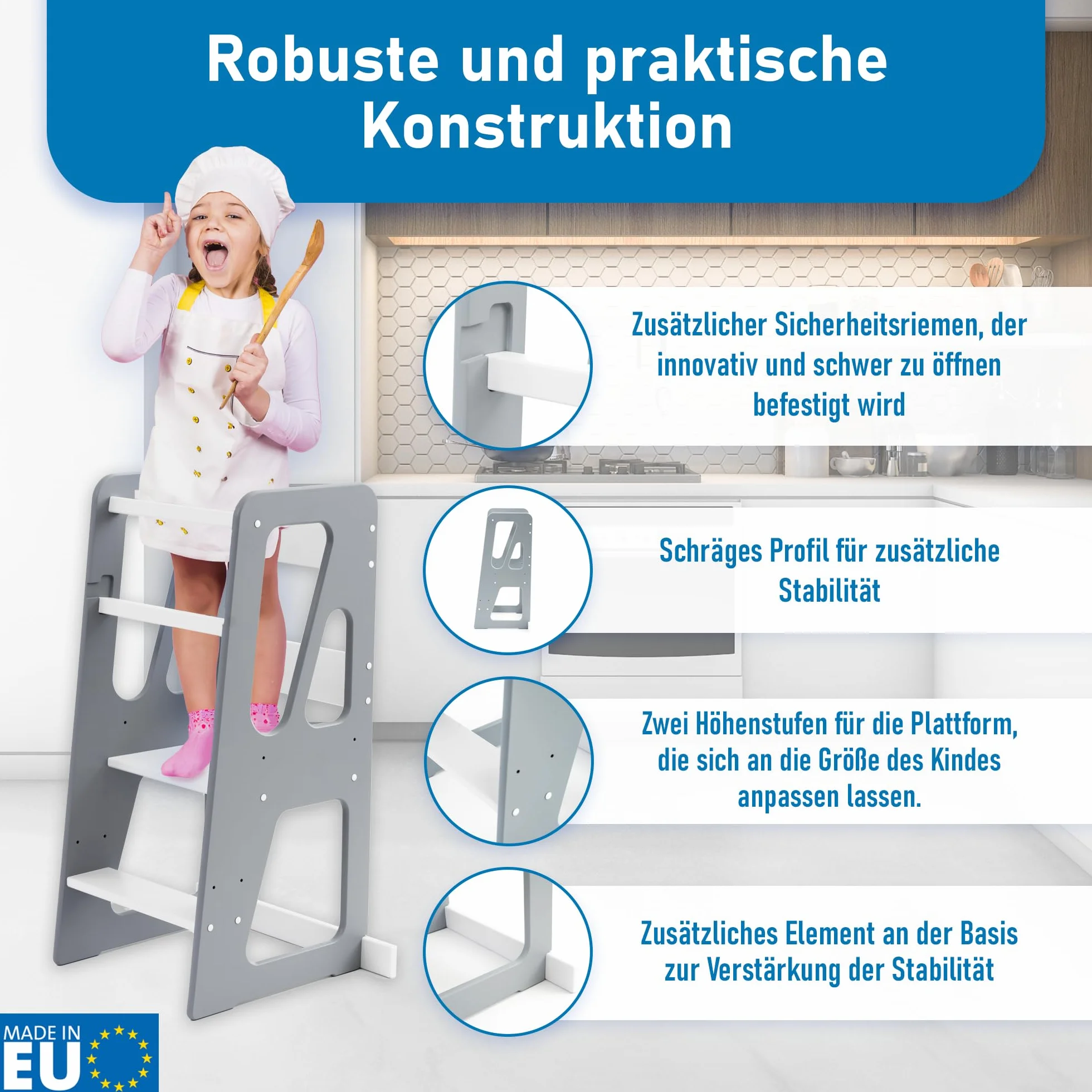 MEBLE WRÓBEL® Wieża edukacyjna Montessori z regulacją wysokości z litego drewna FSC