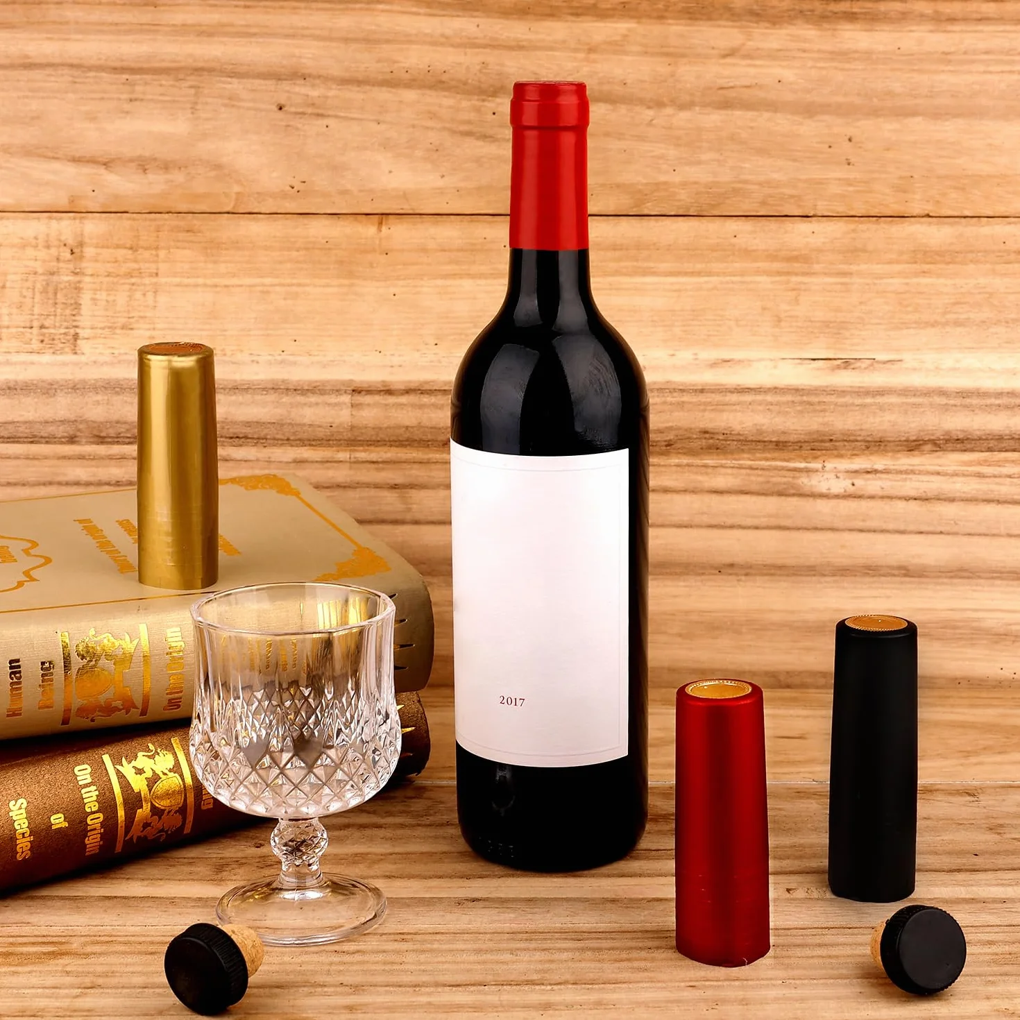 60szt Uszczelniacz Wina do Butelek Wina, Zestaw do Ponownego Zamykania Butelek Wina z Folia Termokurczliwa PVC Tasting Cork z Czarnym Plastikowym Blatem do Produkcji Piwnic i Uzytku Domowego