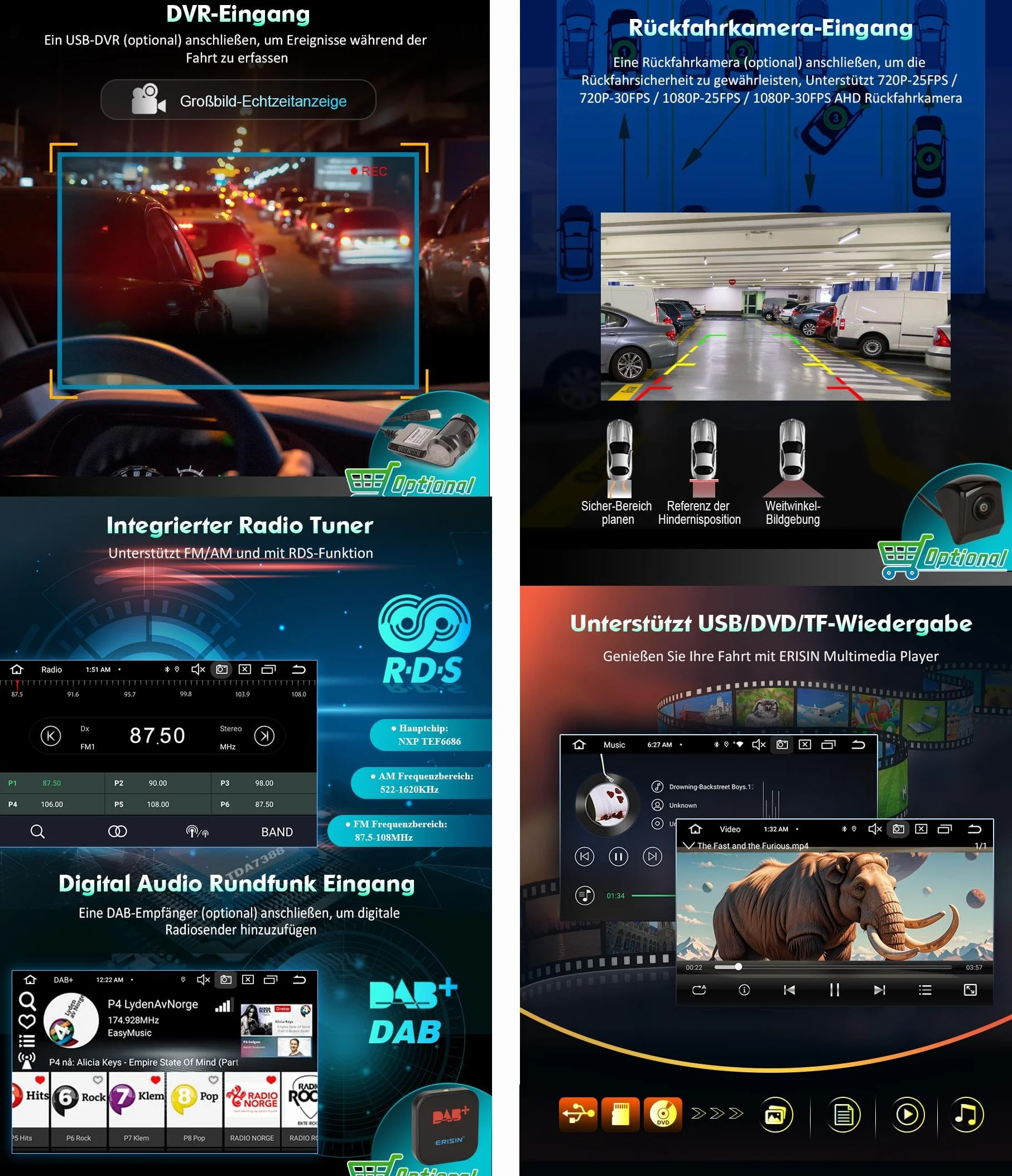 Erisin 8 rdzeni 4 GB + 64 GB Android 14 radio samochodowe do Audi A4, S4, RS4, RNS-E, SEAT EXEO, z nawigacją GPS, obsługuje bezprzewodowe CarPlay Android Auto WiFi 4G, Bluetooth 5.0, USB DVD, DSP