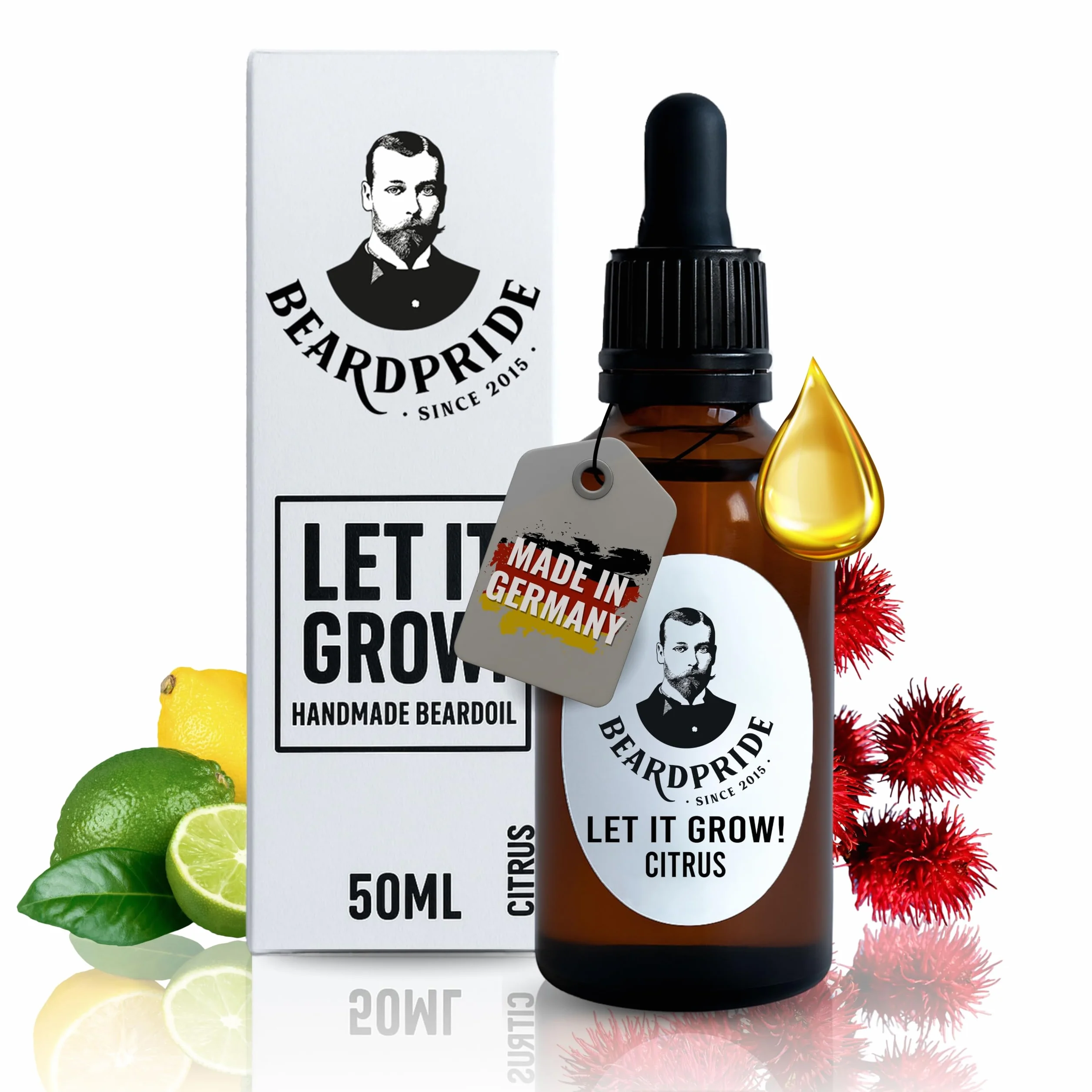 BEARDPRIDE Olejek do brody "Let it Grow!" – naturalny olejek do pielęgnacji brody – z olejem rycynowym, olejkiem migdałowym i olejkiem arganowym – do brody pełnej i trzydniowej brody – 100% naturalny