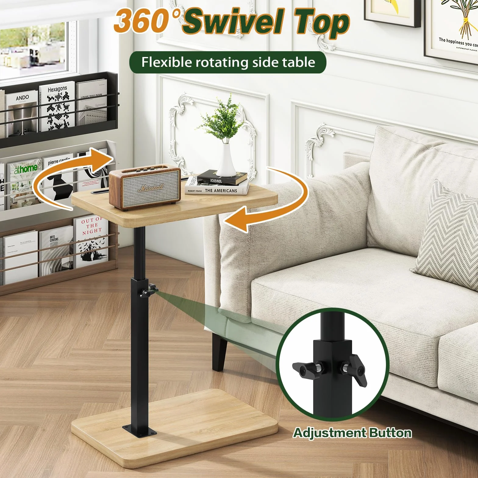 IBUYKE TVT003R Stolik pomocniczy w kształcie litery C, obracany o 360°, stolik końcowy z regulacją wysokości, do małych przestrzeni, z gniazdem na telefon i tablet, nowoczesny mały stolik kawowy na