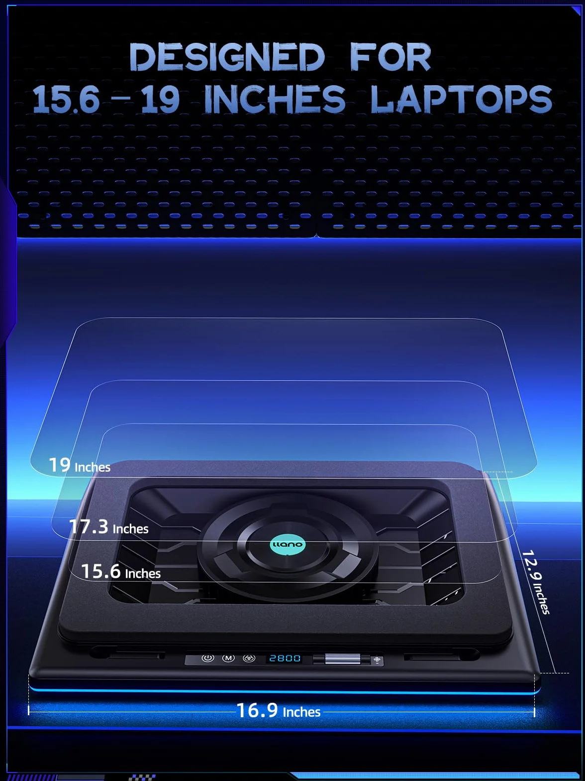 Llano Podkładka chłodząca RGB do laptopa z bezstopniowym sterowaniem dotykowym i podkładką pod myszkę 3-portowym USB bardzo dużym wydajnym wentylatorem turbo, pianką uszczelniającą do laptopów 15-19''