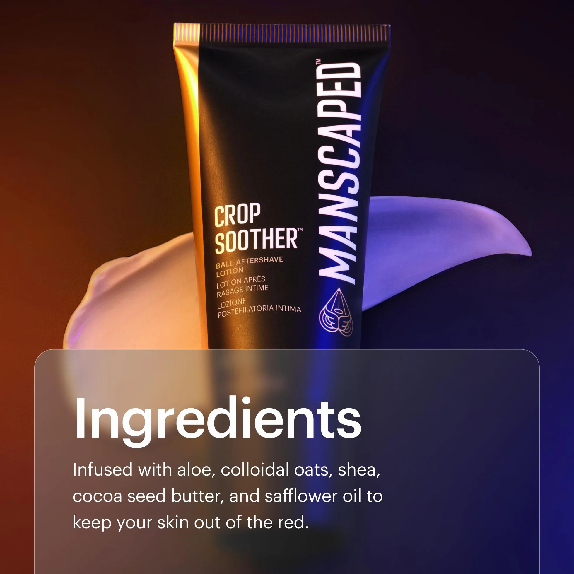 MANSCAPED® Crop Soother™ Płyn po goleniu do pielęgnacji pachwin – z dodatkiem aloesu, koloidalnego owsa, masła shea, masła z nasion kakaowca i oleju szafranowego o działaniu kojącym i łagodzącym