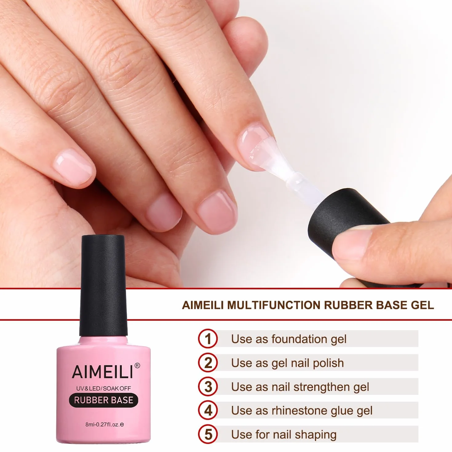 AIMEILI Gumowy żel bazowy lakier do paznokci, błyszczące wykończenie i długotrwały żel budujący lakier bazowy do paznokci Soak Off Nail Art Design - RB1014 8 ml