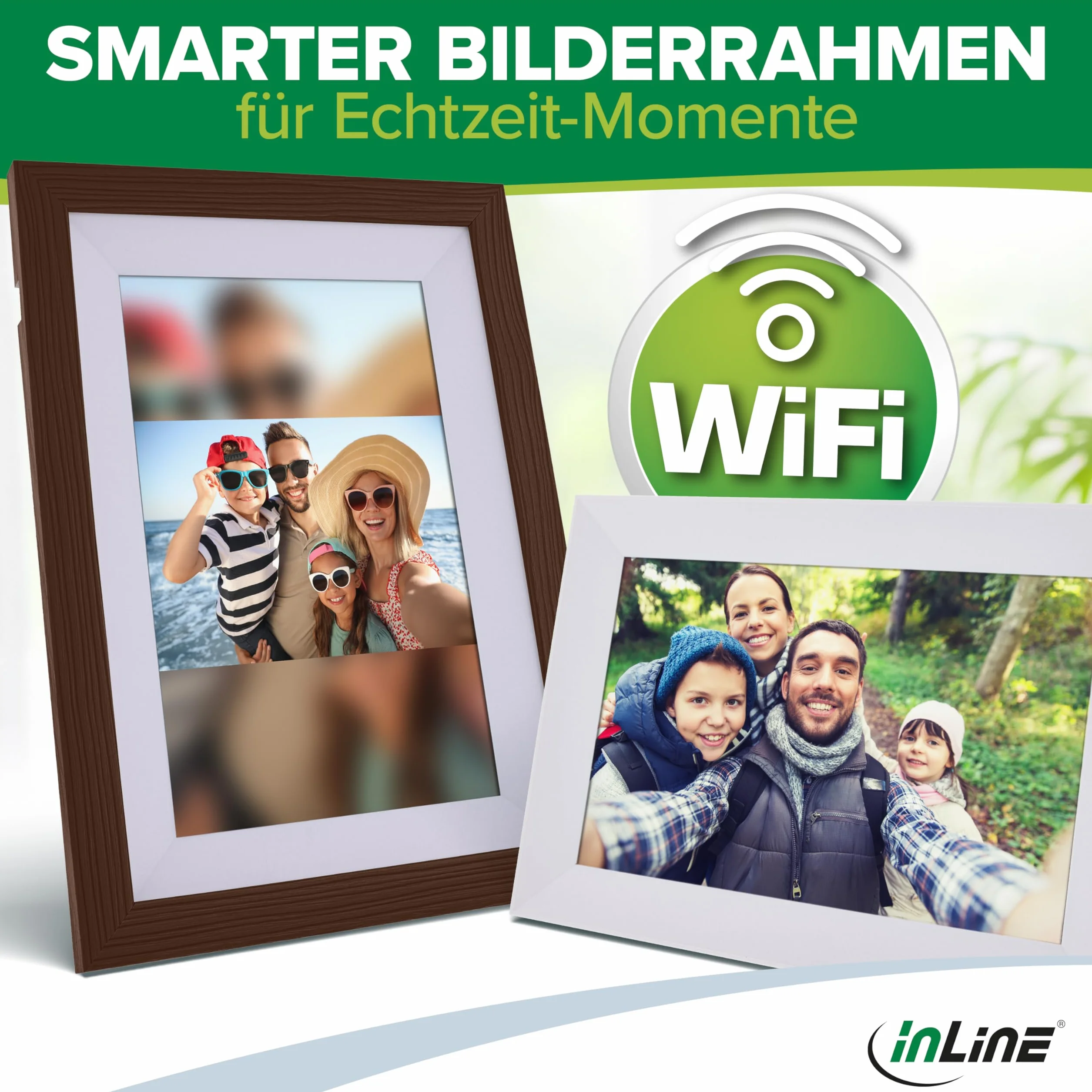 InLine Cyfrowa ramka na zdjęcia, WiFRAME 2, FRAMEO, w zestawie 3 wymienne ramki, drewno orzecha włoskiego, WiFi, 10,1 cala z funkcją dotykową, 1920 x 1200, 16 GB pamięci, dziel się swoimi chwilami