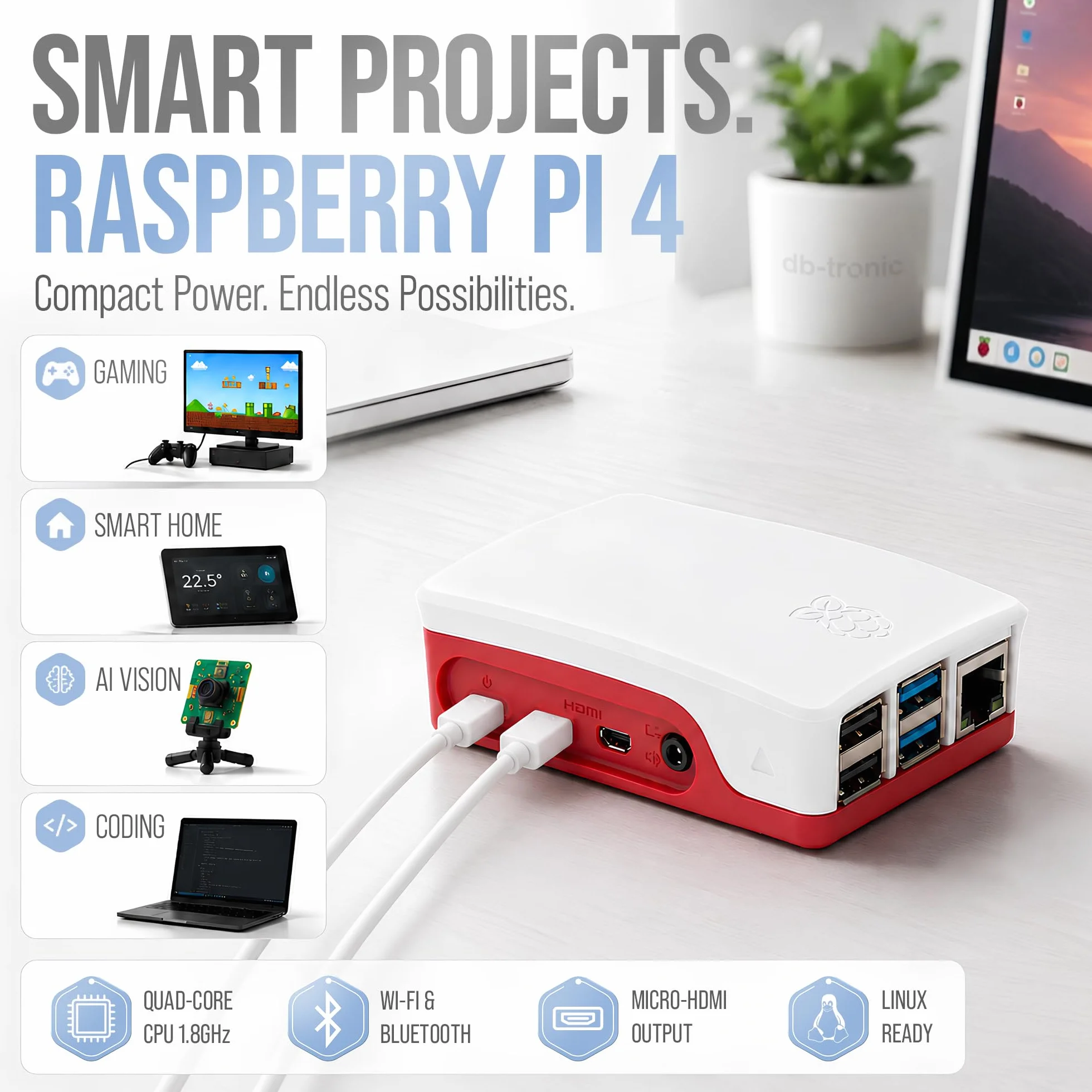 db-tronic Raspberry Pi 4 4 GB Starter Kit | Edycja 64 GB | Zasilacz 15 W | Obudowa | Micro HDMI 4K | Radiatory | idealny do Home Assistant i smart home