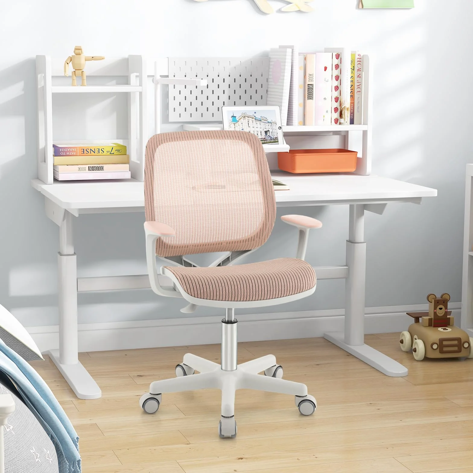 LIFEZEAL Wyściełane krzesło biurkowe dla dzieci, obrotowy fotel dla dzieci, krzesło do biurka z regulacją wysokości od 80 do 92 cm, ergonomiczne krzesło dla dzieci do nauki, maks. 75 kg (różowe)