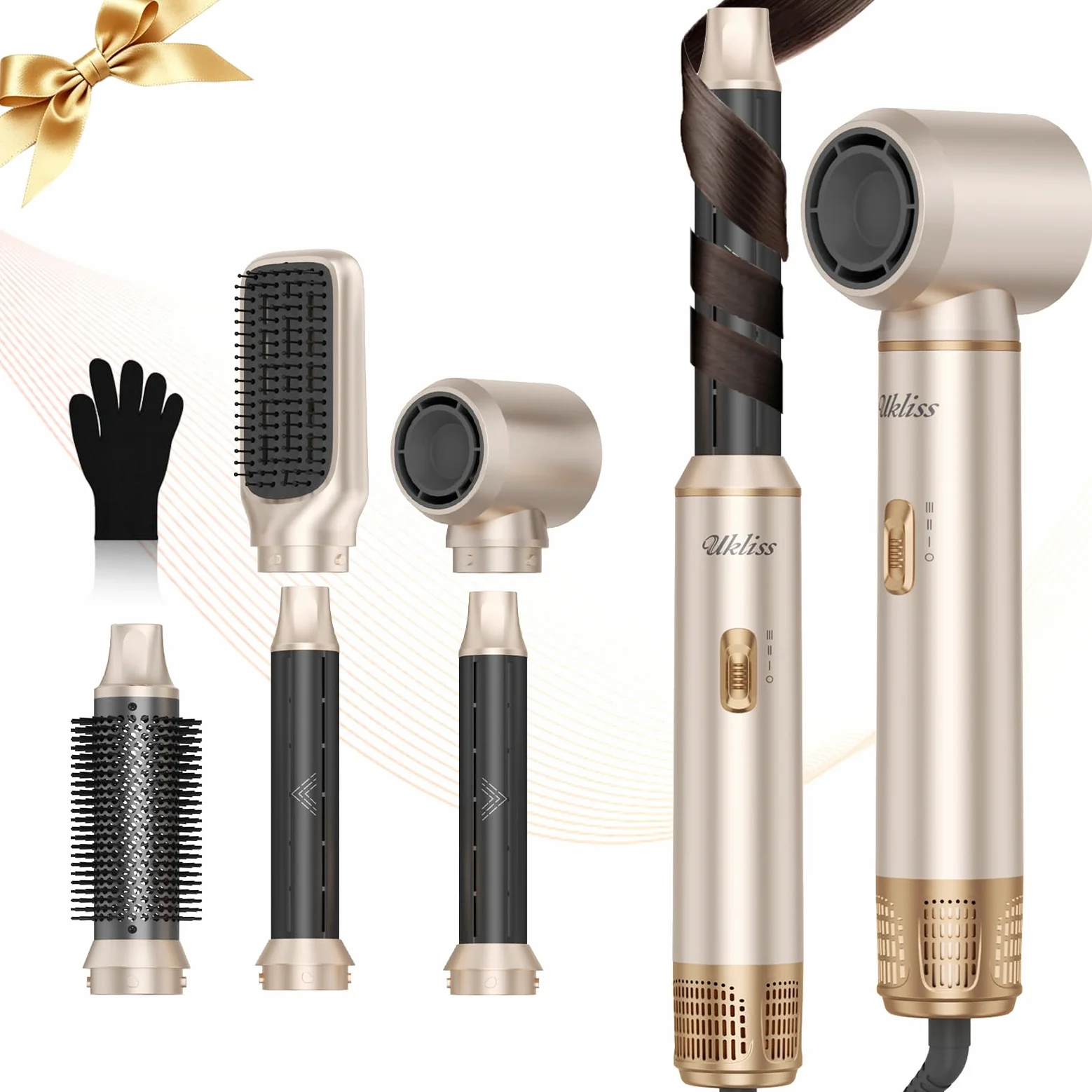 UKLISS Hairstyler 5 w 1 Air Styler, zestaw do stylizacji włosów, 1000 W, okrągła suszarka do włosów, lokówka, szczotka z ciepłym powietrzem, szczotka do suszarki, suszarka do włosów, szczotka do