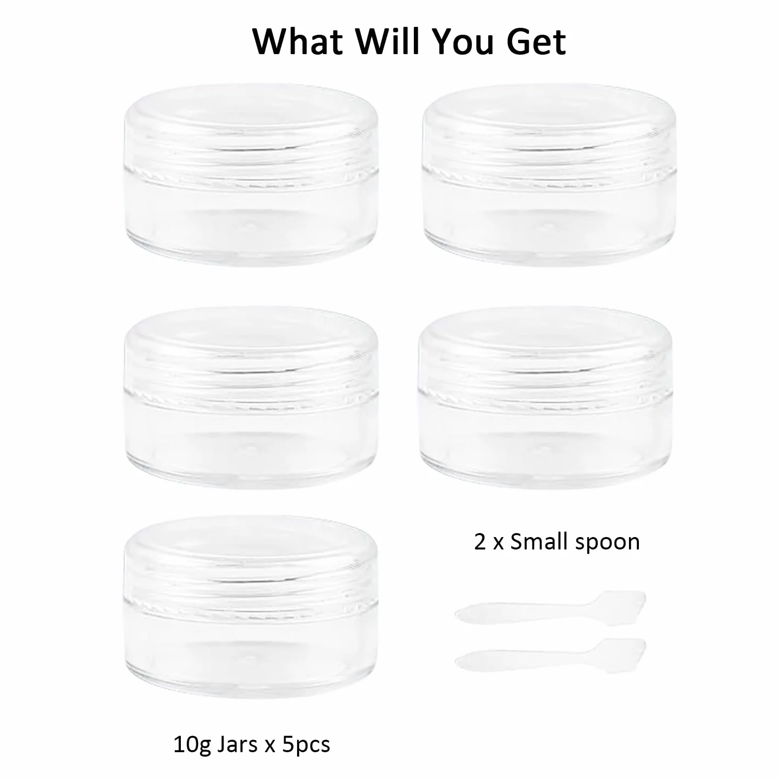 5 szt. słoików na kosmetyki przezroczyste plastikowe podróżne słoiki na próbki z mini łyżkami i naklejkami z etykietami (5 x 10 g)