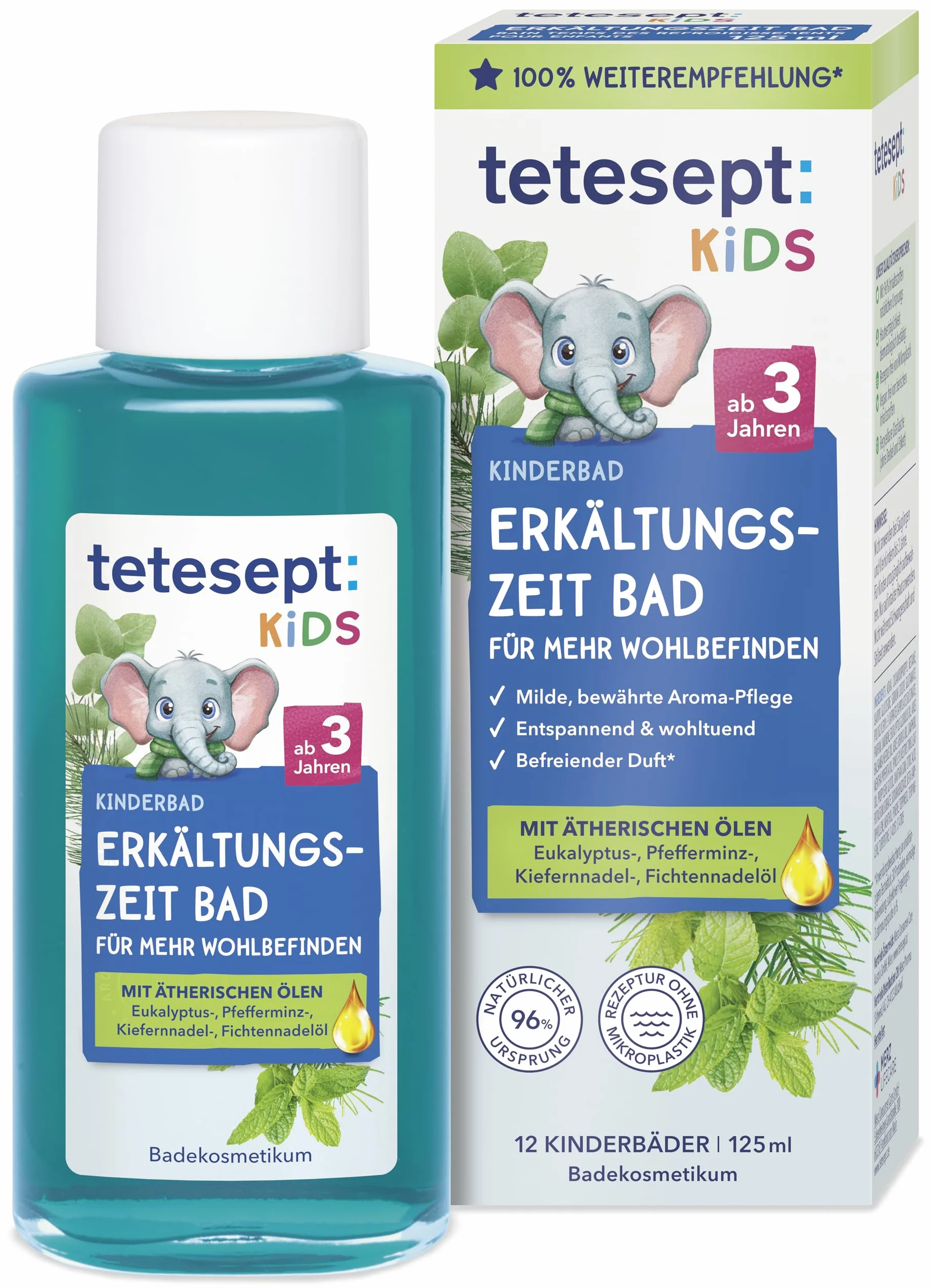 tetesept Kids zimna kąpiel dla dzieci, na zimną porę roku, z 4 olejkami eterycznymi, łagodzący dodatek do kąpieli dla relaksu i rozgrzewania, 1 x 125 ml