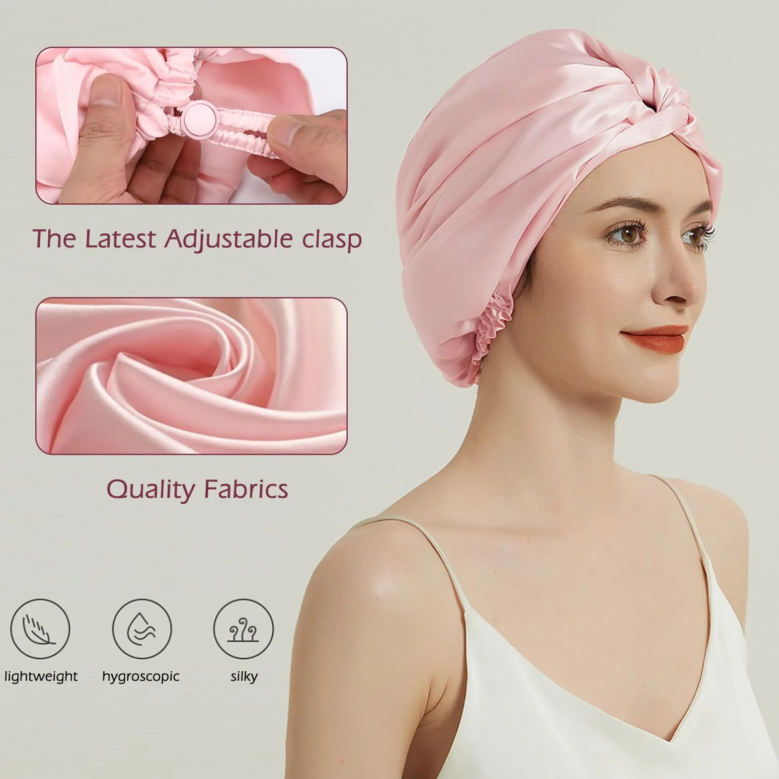 Moguri 1 x regulowany czepek do spania z jedwabnej satyny, dwuwarstwowy, czepek do spania, turban, kręcone, proste włosy, długie, duży splot, unisex, różowy, Rosa, l