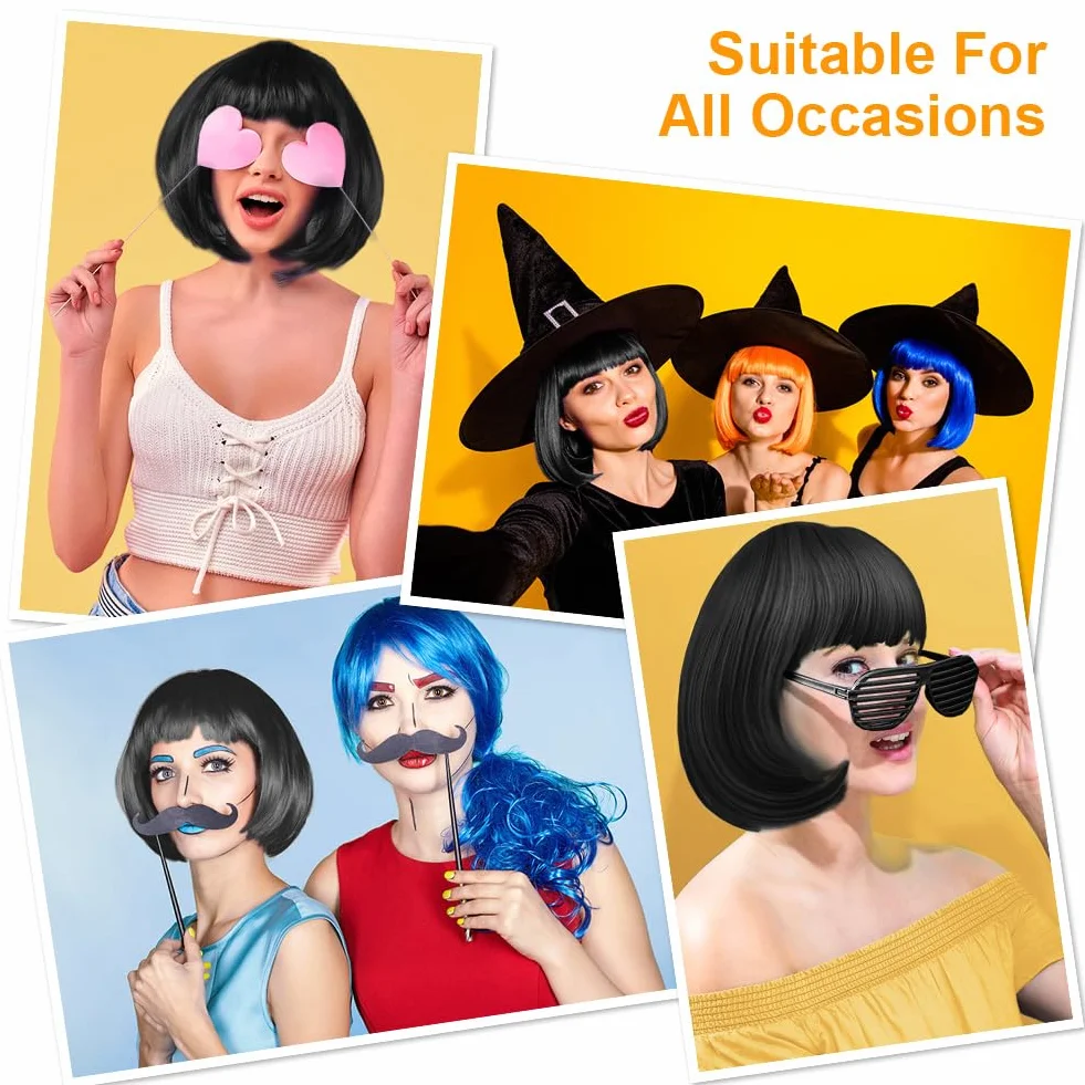 AUYAO Błyszcząca czarna peruka krótka prosta Anime Cosplay peruka z włosami, krótkie peruki Bob z grzywką, peruki w kolorze neonowym na Halloween karnawał dla kobiet i dziewcząt