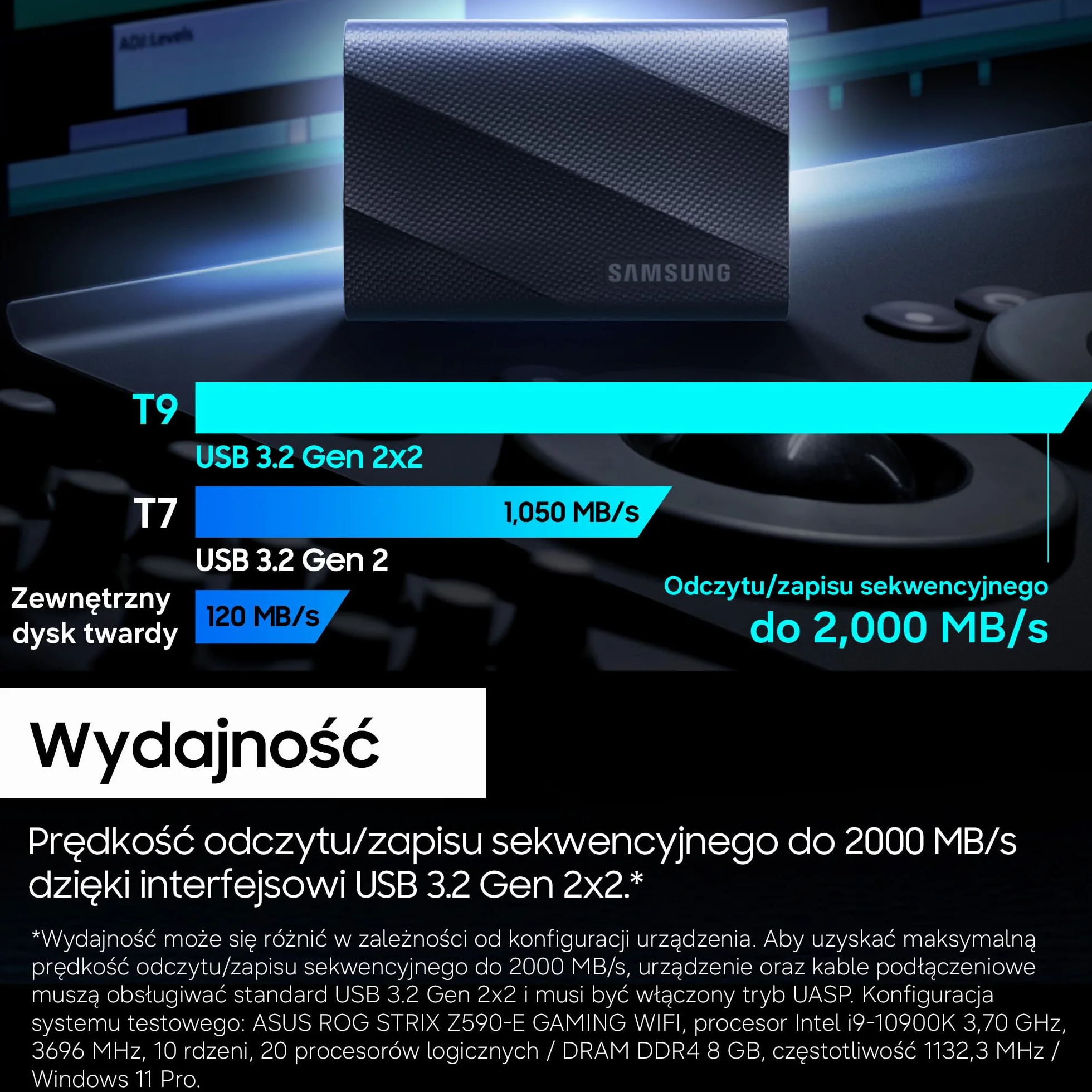 Przenośny dysk SSD Samsung T9, 2 TB, prędkość odczytu 2000 MB/s, prędkość zapisu 2000 MB/s, USB 3.2 Gen 2x2, dla profesjonalistów, zgodny z komputerami Mac, PC, smartfonami, kamerami 12K, MU-PG2T0B/EU