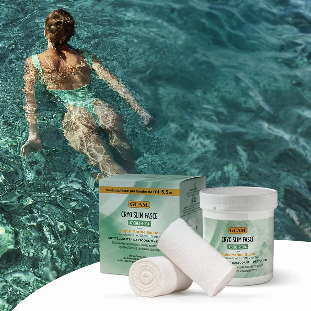 Guam, Cryo Slim taśmy chłodzące, z algami morskimi Guam przeciw cellulitowi, ujędrniające, odprowadzające, 2 gotowe do użycia, taśmy wielokrotnego użytku, 5,5 m x 10 cm, wyprodukowano we Włoszech