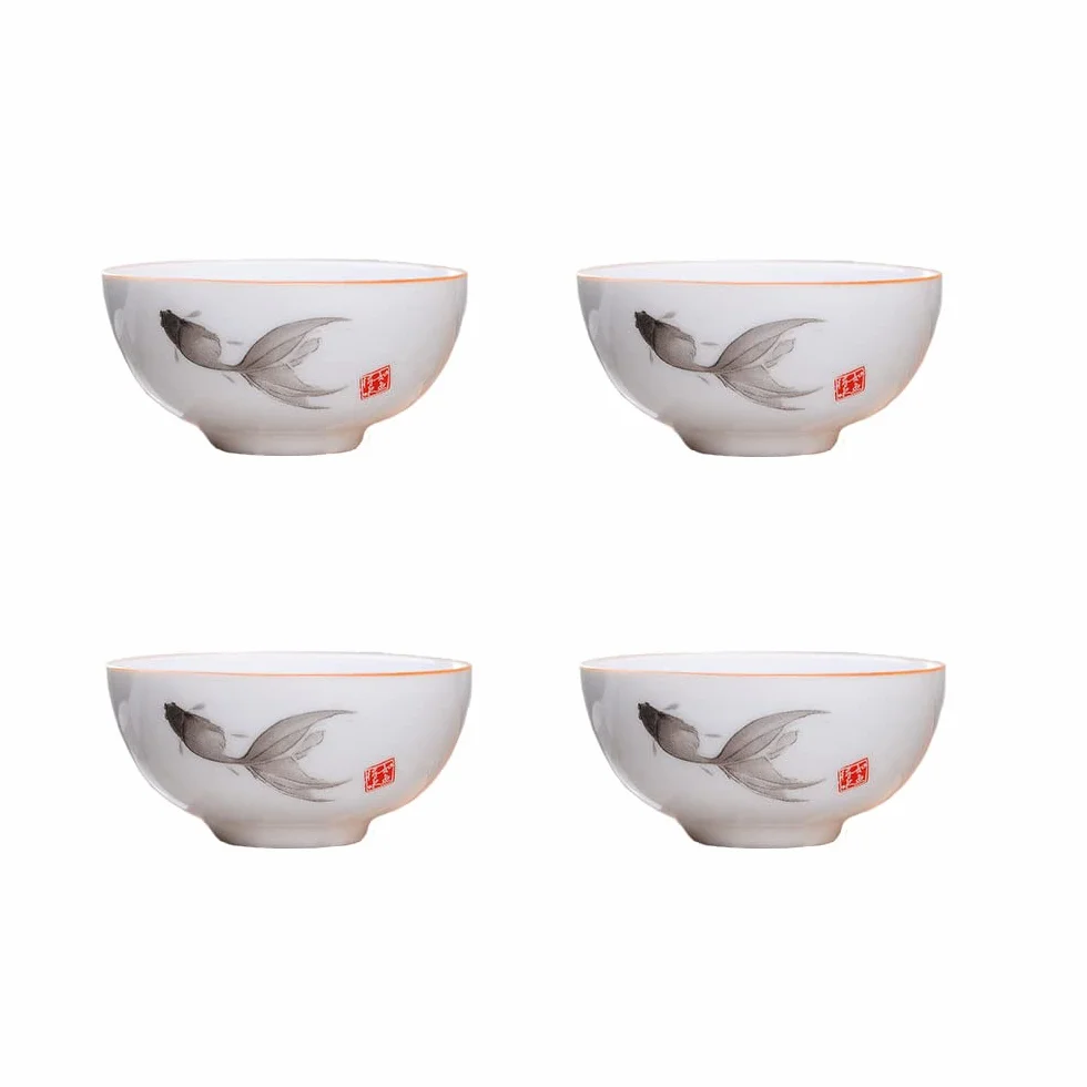 Liang baobao Chińska filiżanka do degustacji herbaty, zestaw 4 sztuk, 56 ml, biała porcelanowa mini kubki na ceremonię herbaty Gongfu (ryby)