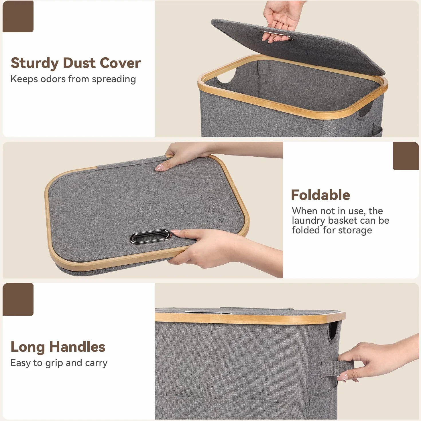 OUSFOT Kosz na brudną bieliznę 50 l, łatwy montaż kosza na bieliznę z uchwytami, 600D Oxford Fabric Brodzik, kosz na pranie do sypialni, pokoju dziecięcego, łazienki, szary