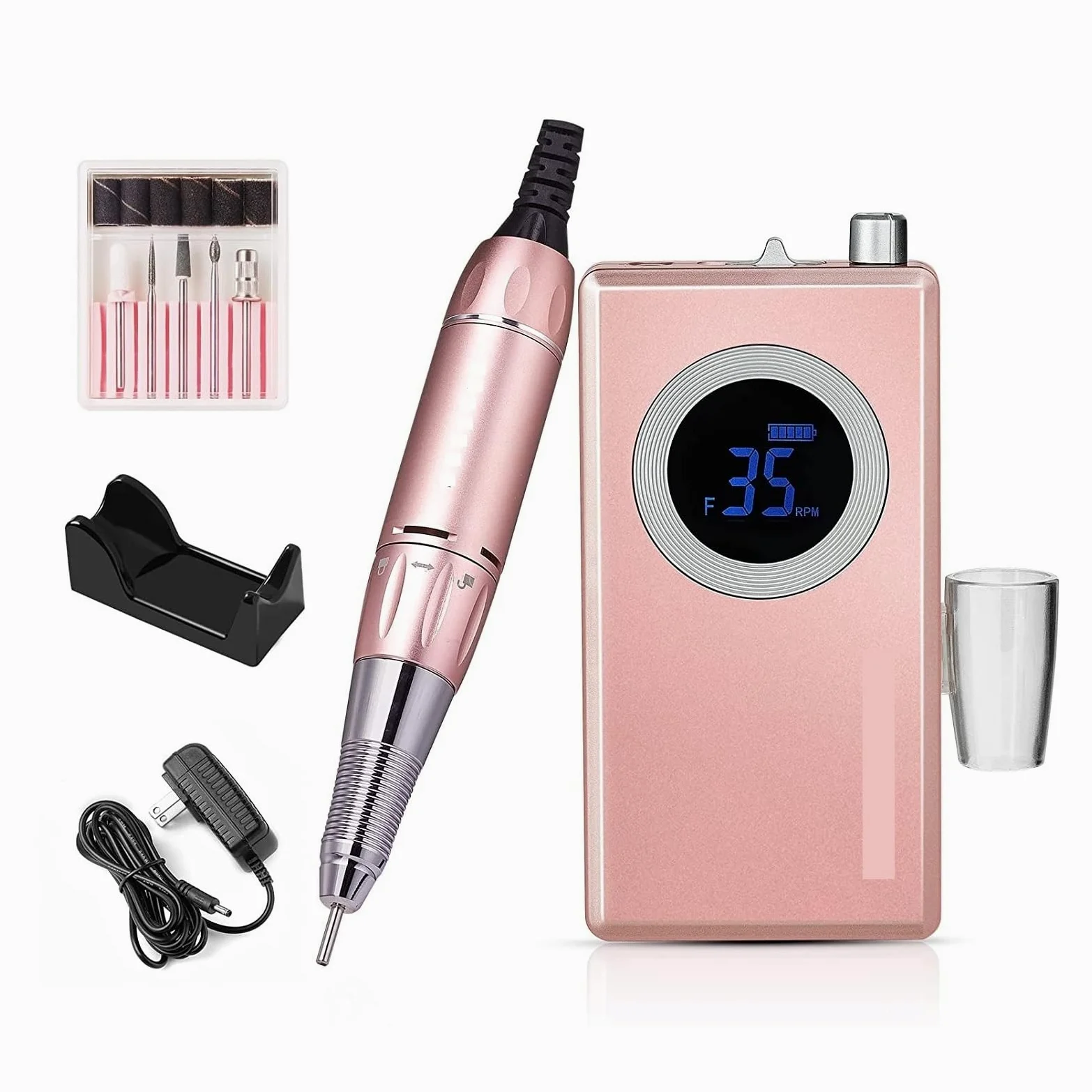 Elektryczna frezarka do paznokci, Akumulatorowa wiertarka do paznokci, profesjonalny zestaw wierteł 35000RMP, elektryczna pilników do treningu i użytku domowego(Pink)