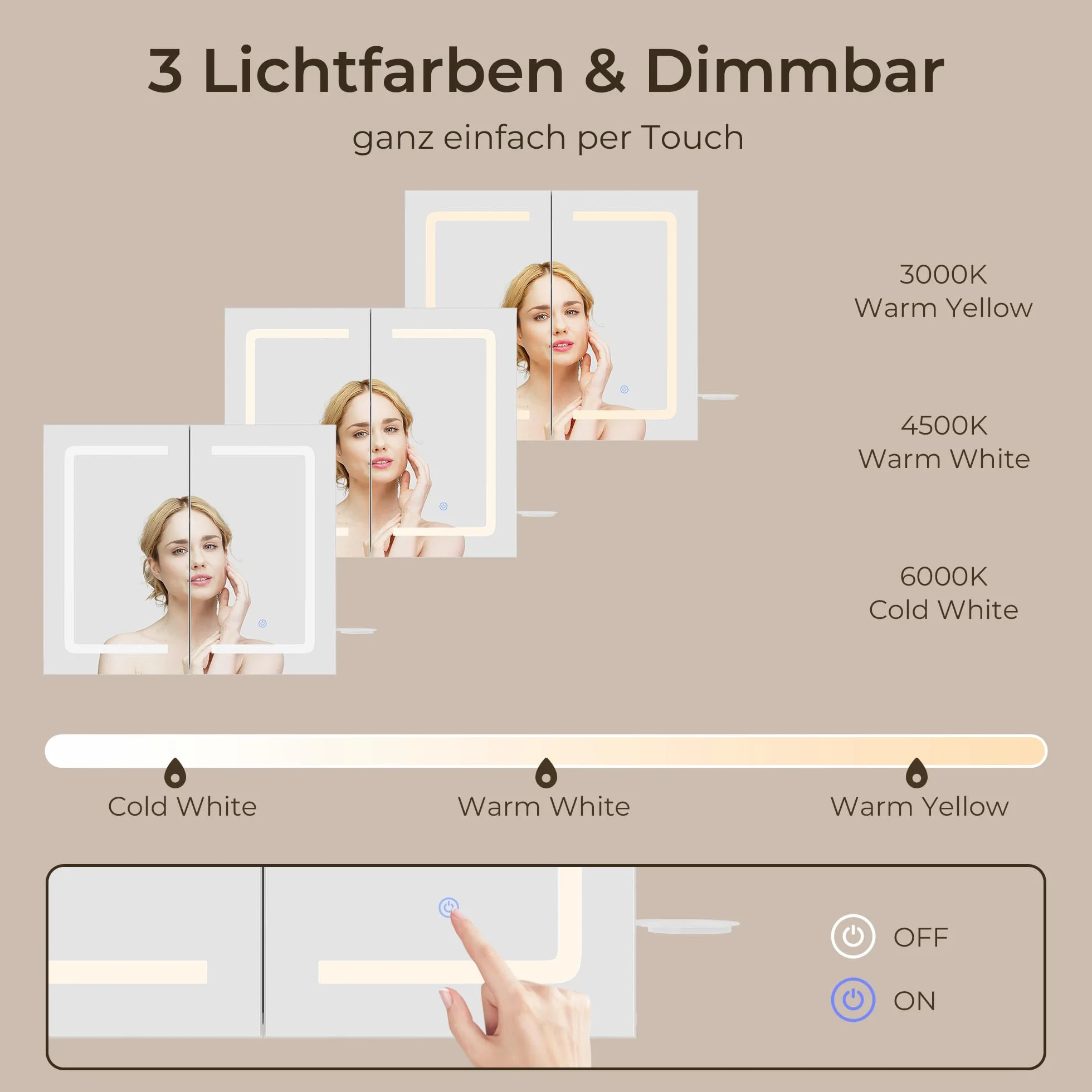 70cm Szafka łazienkowa z lustrem LED ściemnialna dotykowa z gniazdkiem MDF 80cm