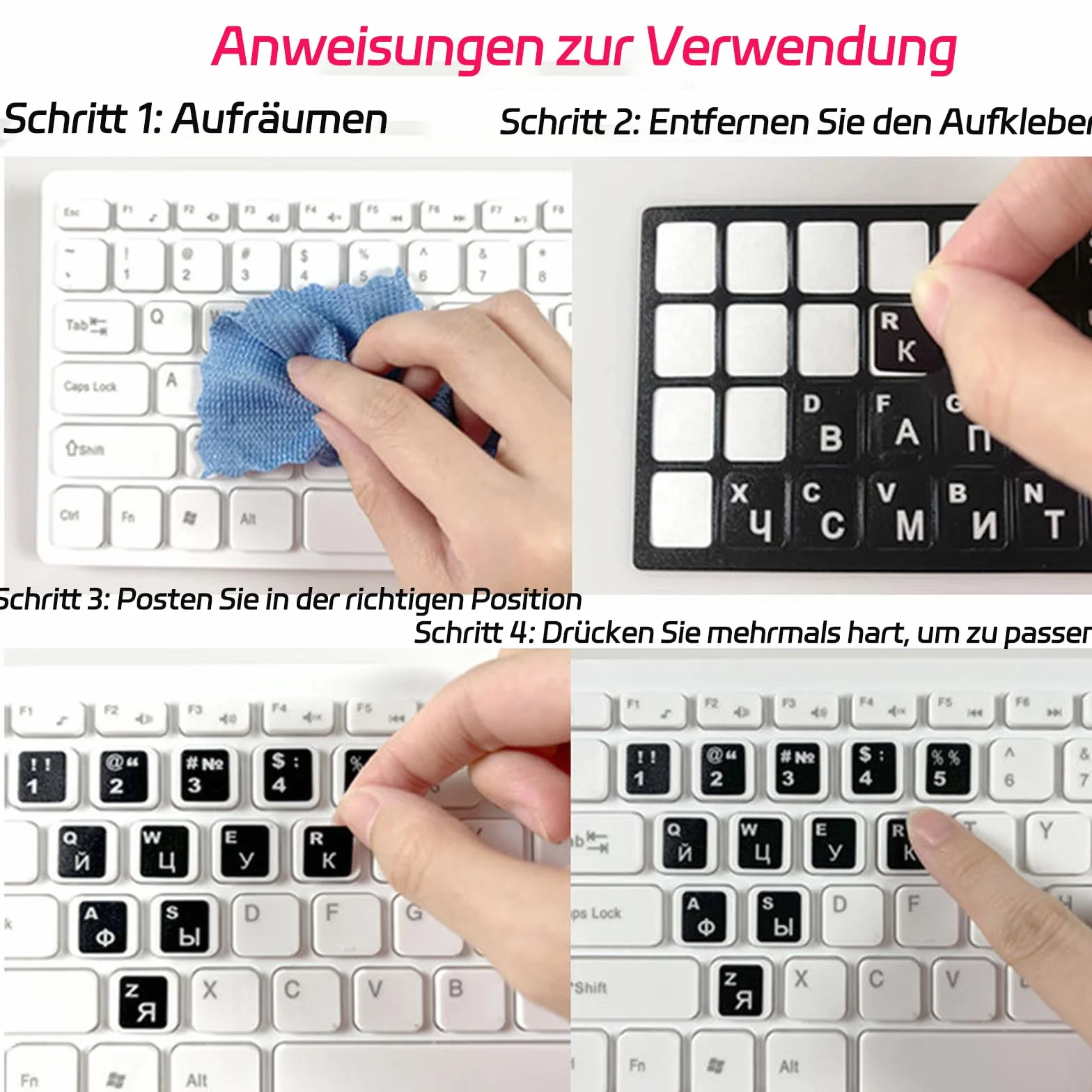 Angielskie naklejki na klawiaturę, 6 sztuk, 3 czarne 3 białe, unikalne powlekane wodą, do standardowych klawiatury komputerów stacjonarnych i laptopów, 10-17 cali, winyl, wodoodporne