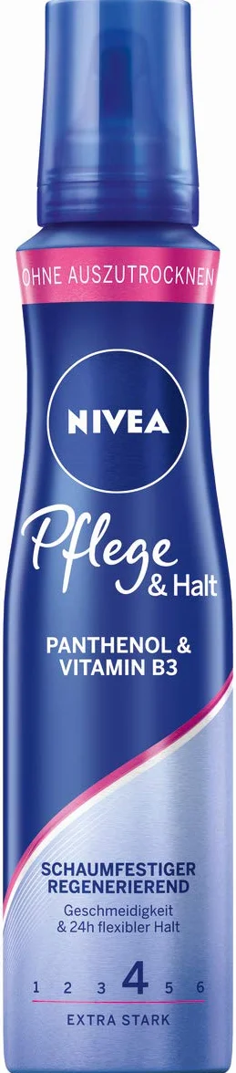 NIVEA Pielęgnacja i trzymanie, odporna na pianę, ekstra mocna (150 ml), pielęgnująca pianka do włosów z ochroną przed wysoką temperaturą, pantenol i witamina B3, utrwalanie włosów przez 24 h (poziom trzymania 4)