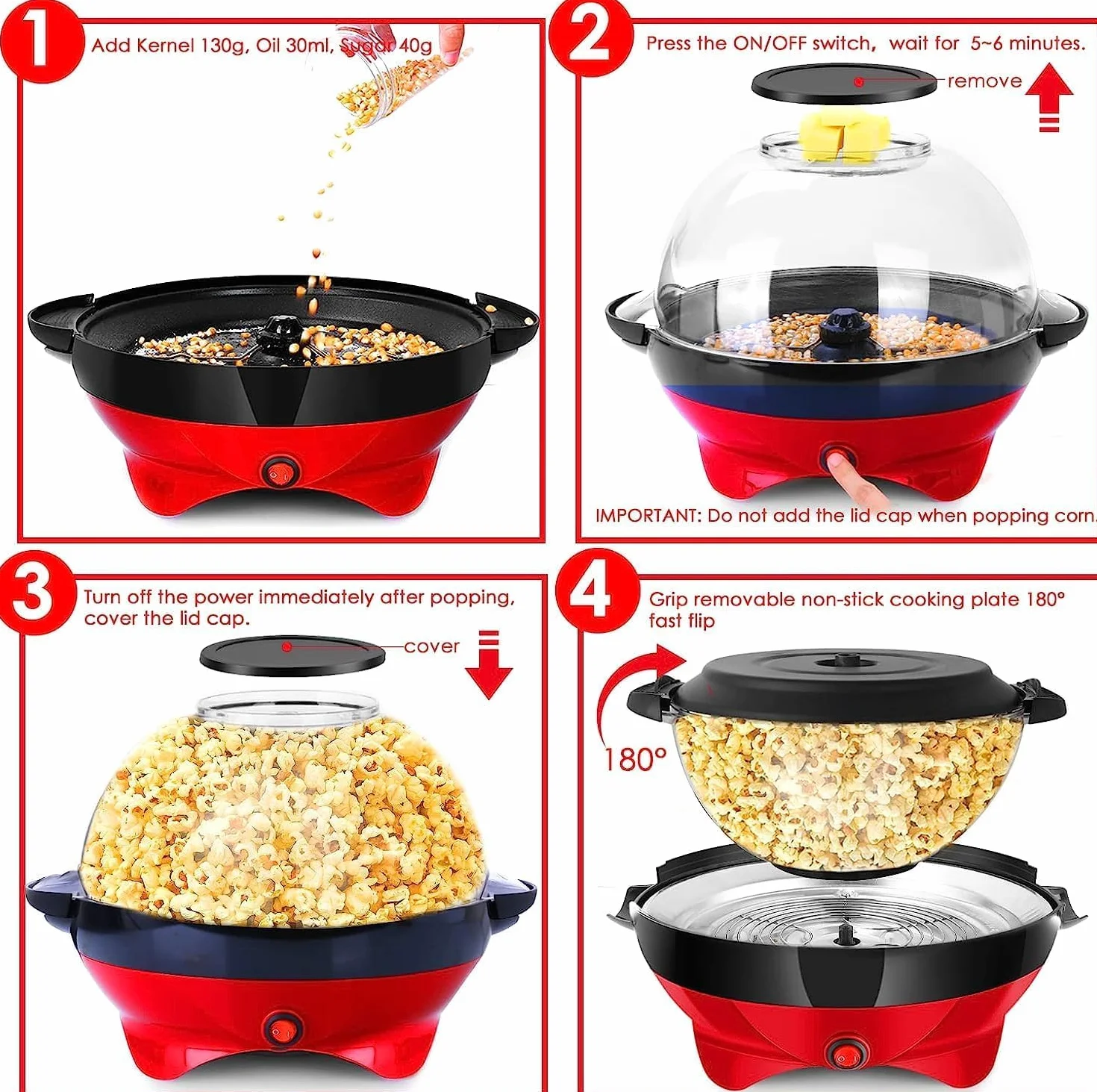 Yabano Domowa maszyna do popcornu 5 l, 800 W, nieprzywierająca płyta grzewcza, automatyczne mieszanie