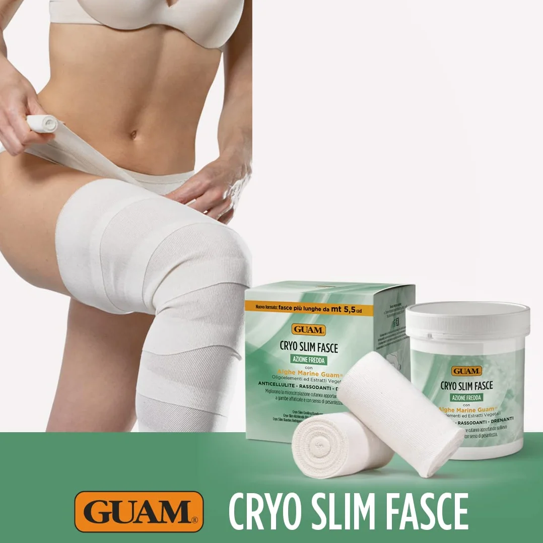 Guam, Cryo Slim taśmy chłodzące, z algami morskimi Guam przeciw cellulitowi, ujędrniające, odprowadzające, 2 gotowe do użycia, taśmy wielokrotnego użytku, 5,5 m x 10 cm, wyprodukowano we Włoszech