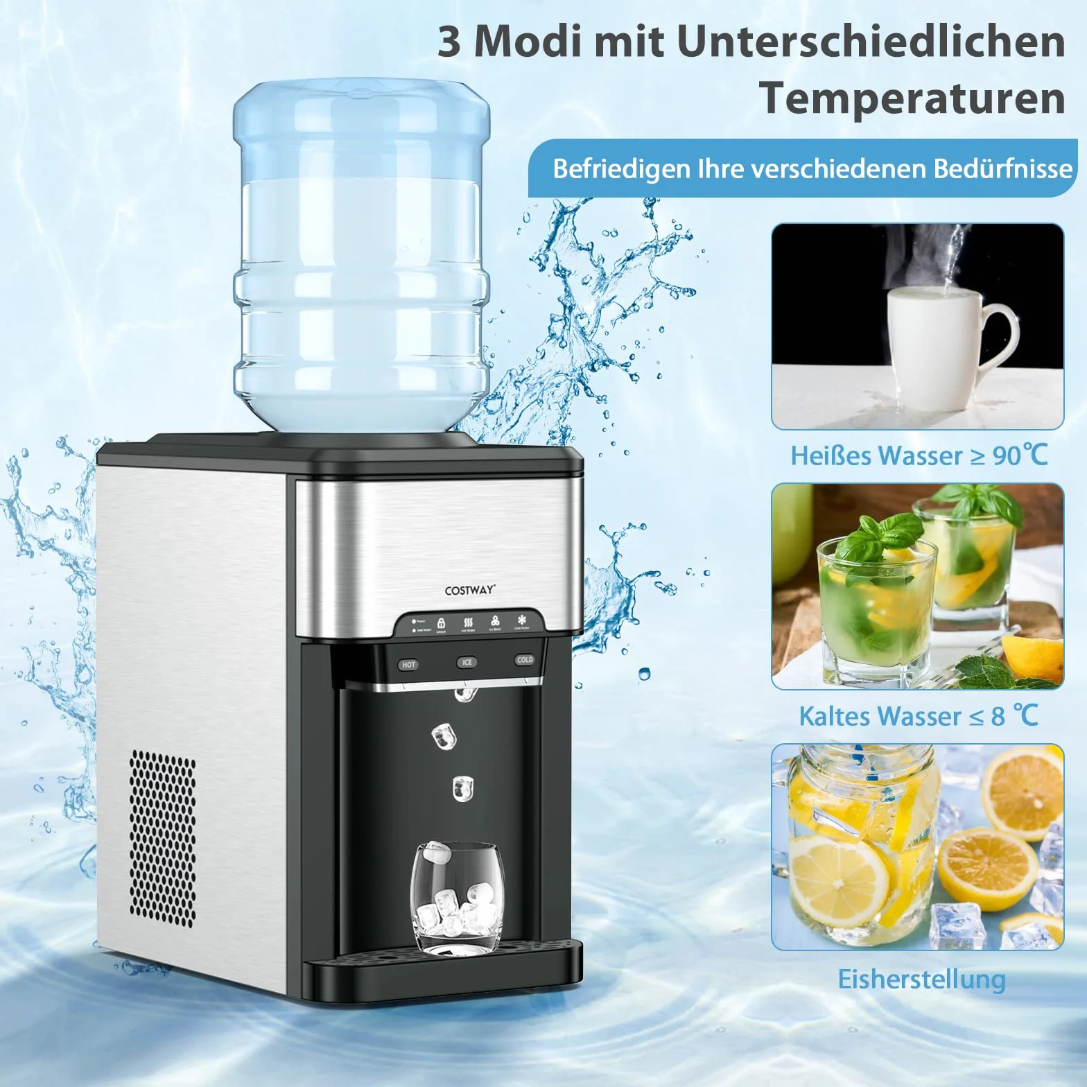 COSTWAY Maszyna do kostek lodu z gorącą i zimną wodą, 3 l, 19 kg/dzień