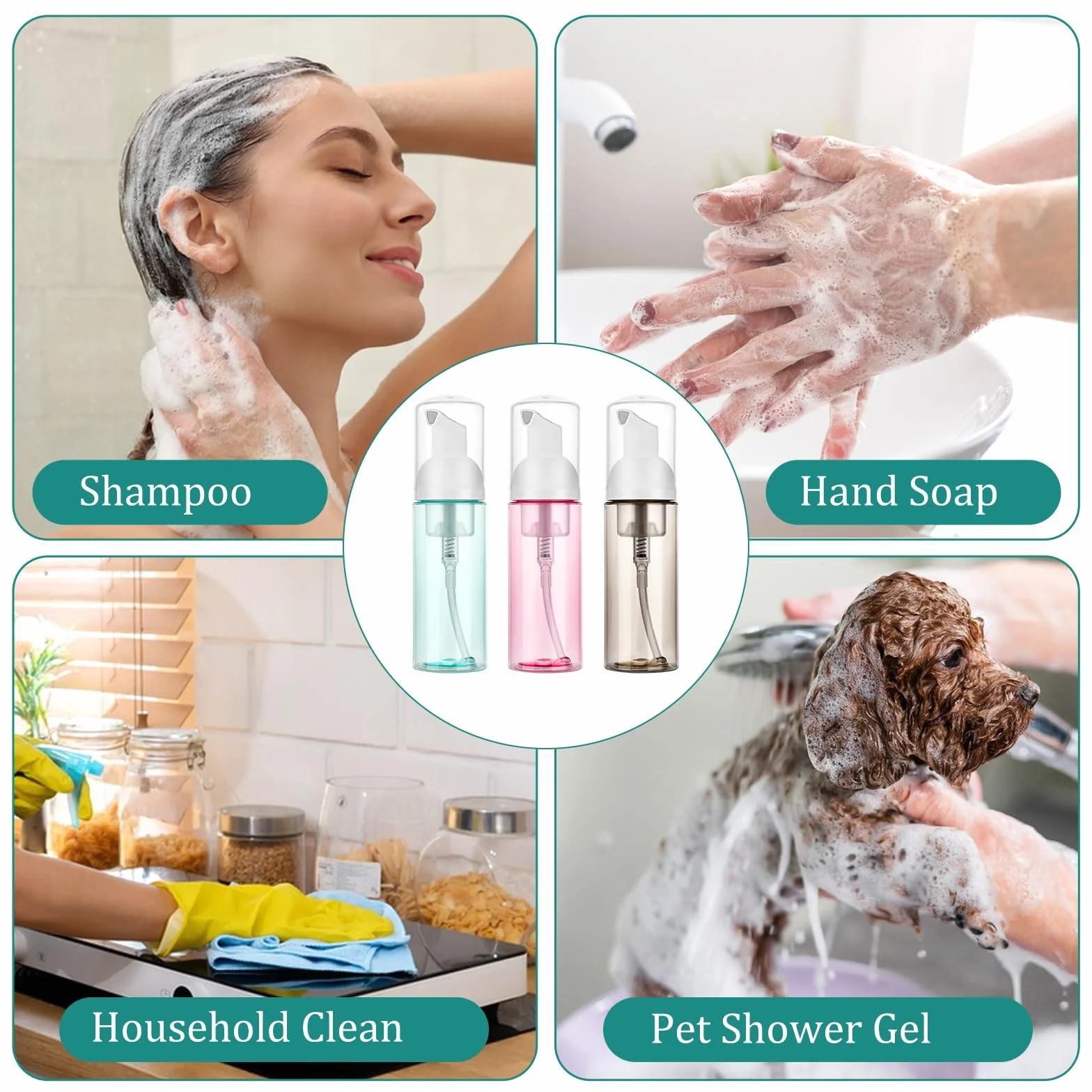 Butelki z pompką piankową 60 ml, 3 szt., pusty podróżny dozownik piany, wielokrotnego napełniania, butelka na piankę, rozmiar podróżny, butelka z pompką do mydła, do mycia rzęs, szamponu, mycia