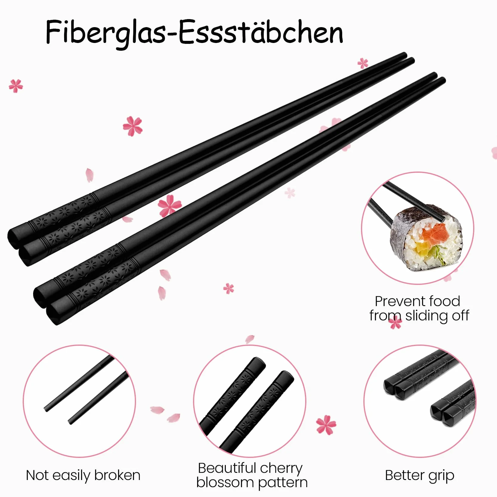 Pałeczki z włókna szklanego 8 par wielokrotnego użytku japońskie chińskie z wzorami sakura do mycia w zmywarce zestaw do sushi makaronu
