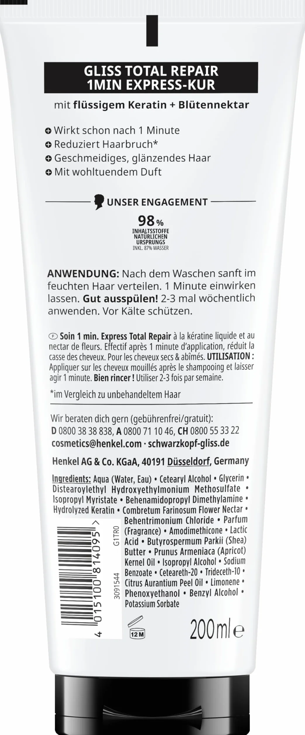Gliss 1-minutowa intensywna kuracja Total Repair (200 ml), kuracja do włosów z płynną keratyną do suchych i zniszczonych włosów, skuteczna już po 1 minucie