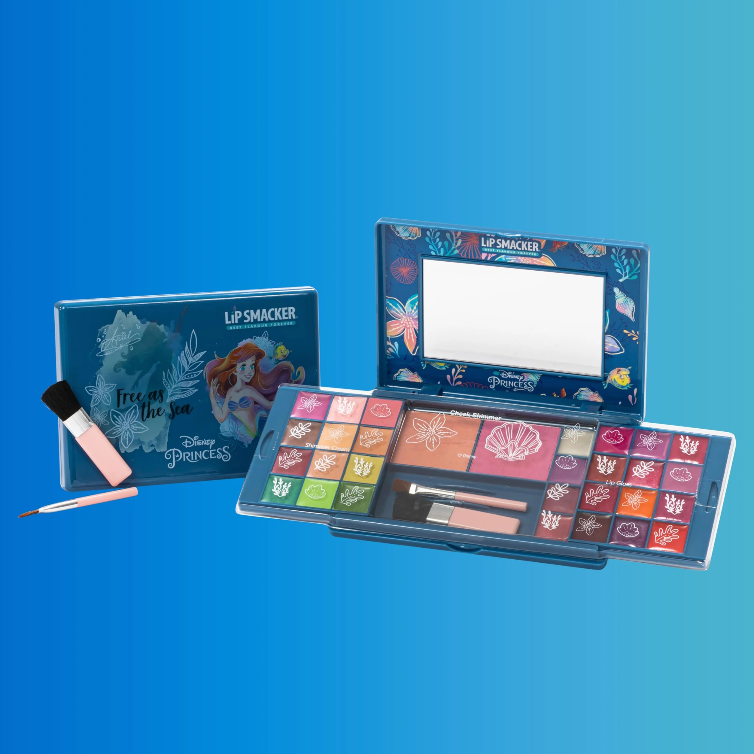 Lip Smacker Princess Ariel Beauty Palette, Zestaw Upominkowy do Makijażu z Kolorowymi Błyszczykami, Kremami, Różami i Bronzerem dla Wyglądu Księżniczki, w Tym Akcesoria do Makijażu i Lusterko