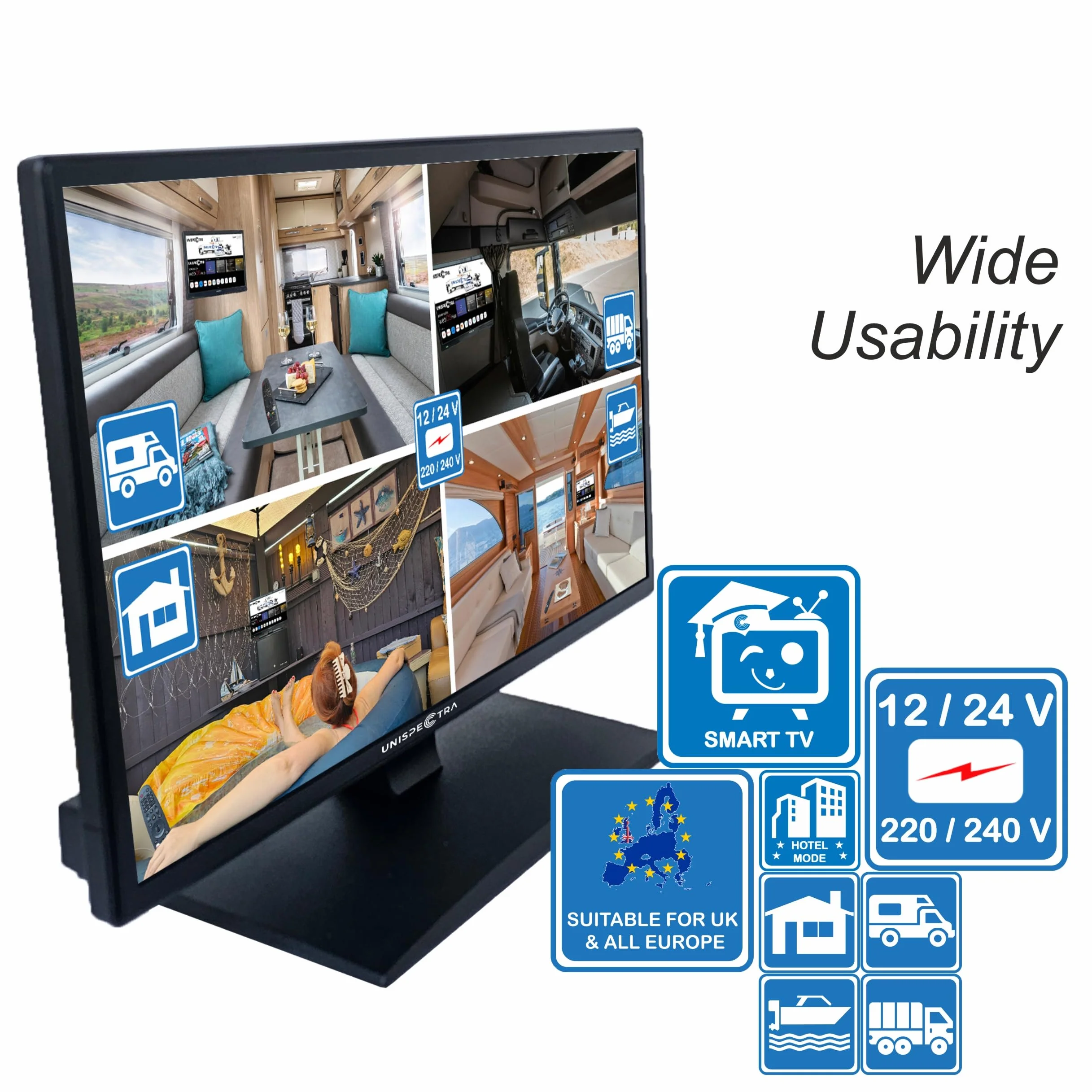 Unispectra ® 22” Smart TV (webOS) FHD 230V 12V 24V potrójny tuner, 3x HDMI, 2x USB, pilot Magic. Telewizor 12 V do samochodów I przyczep kempingowych, ciężarówek, łodzi