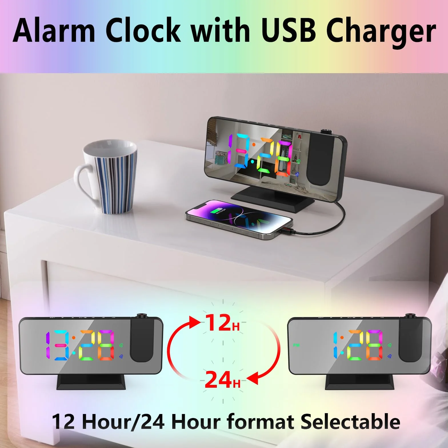 ThreeH Budzik z projektorem z 11 kolorami RGB, zmieniającym się lustrzanym wyświetlaczem LED, cyfrowy zegar z przyłączem USB do ładowania, funkcja drzemki, 6 regulowanych poziomów jasności, czarny