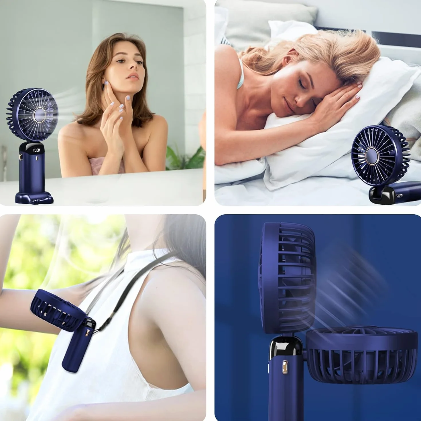 Jsdoin Wentylator ręczny, przenośny ręczny wentylator USB z 5 prędkościami, zasilany bateryjnie, mini wentylator, składany wentylator biurkowy z wyświetlaczem LED, do domu, biura, sypialni, na