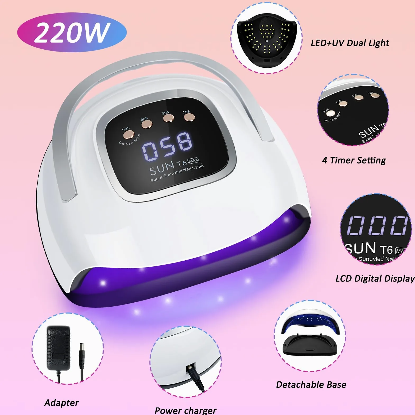 Lampa UV do paznokci, profesjonalna suszarka do paznokci LED 220 W, z czujnikiem automatycznym i 4 timerami, zdejmowana lampa utwardzająca do paznokci żelowych w domu i salonie