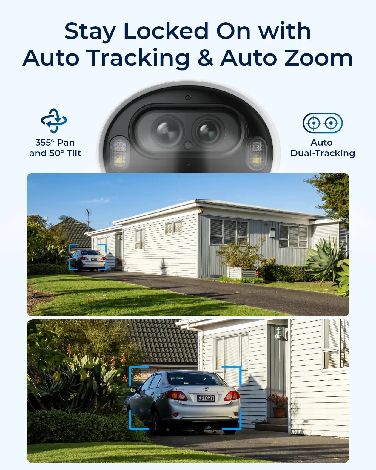 Reolink 4K Bezprzewodowa Kamera Zewnętrzna Wi-Fi 2,4/5 GHz, Zasilana Bateryjnie, Automatyczne śledzenie i Zoom, Podwójny Obiektyw, Kolorowy Noktowizor, Wykrywanie AI, Argus Track + Panel Słoneczn