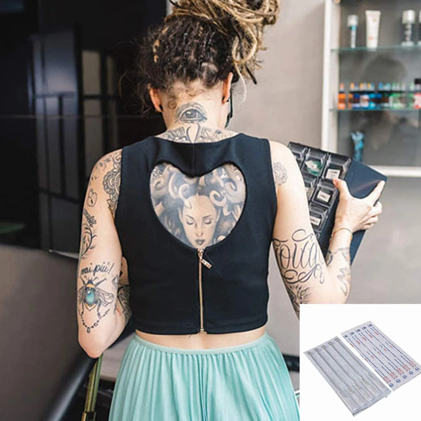Voarge 50 sztuk sterylnych igieł do tatuażu w 5 typach, igły do samodzielnego tatuowania (1RL/3RL/5RL/7RL/9RL)