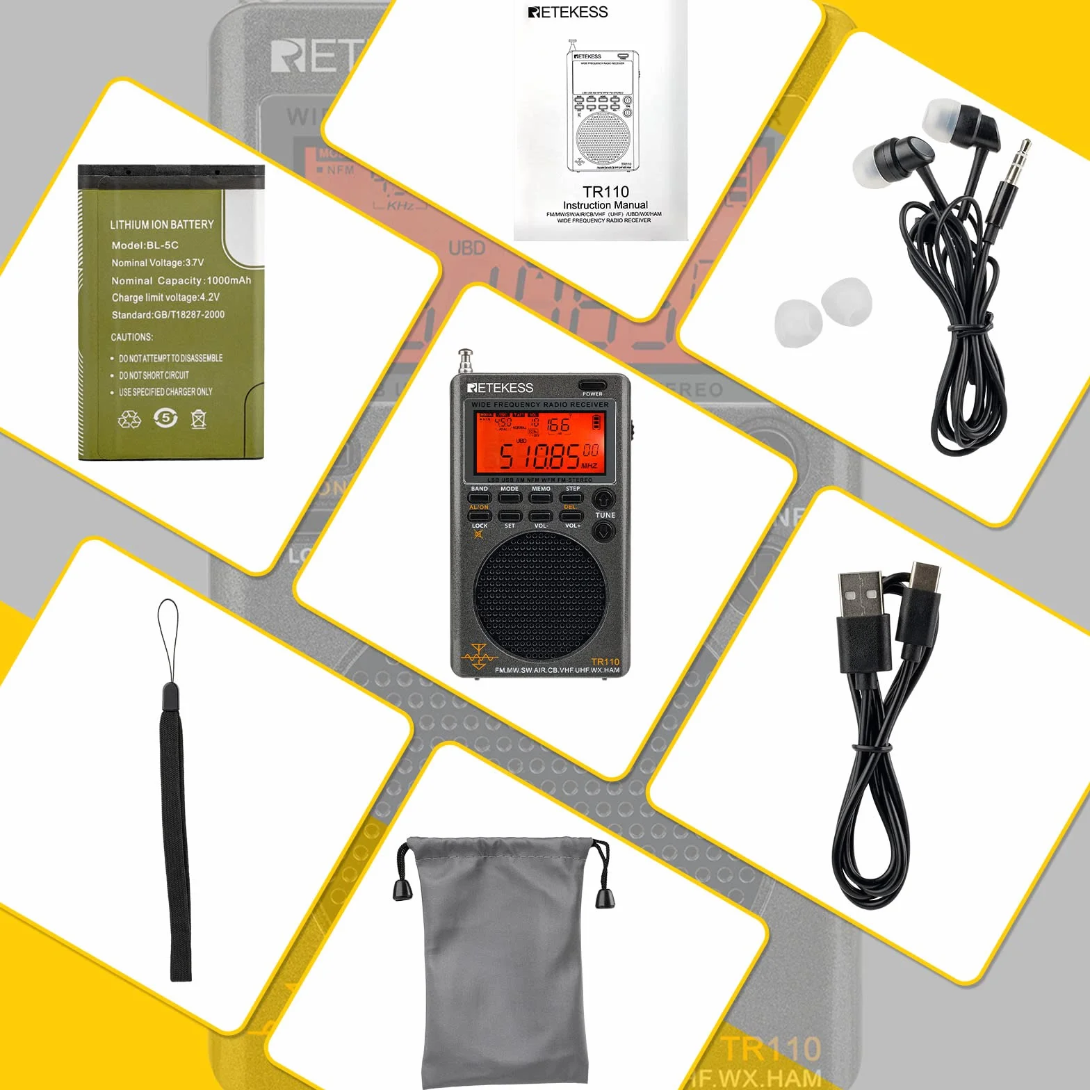 Retekess TR110 Przenośne Mini Radio, FM MW SW SSB Air Band World Odbiera Radio, FM Stereo, Wyłącznik Czasowy, Antena Zewnętrzna, do Użytku na Zewnątrz