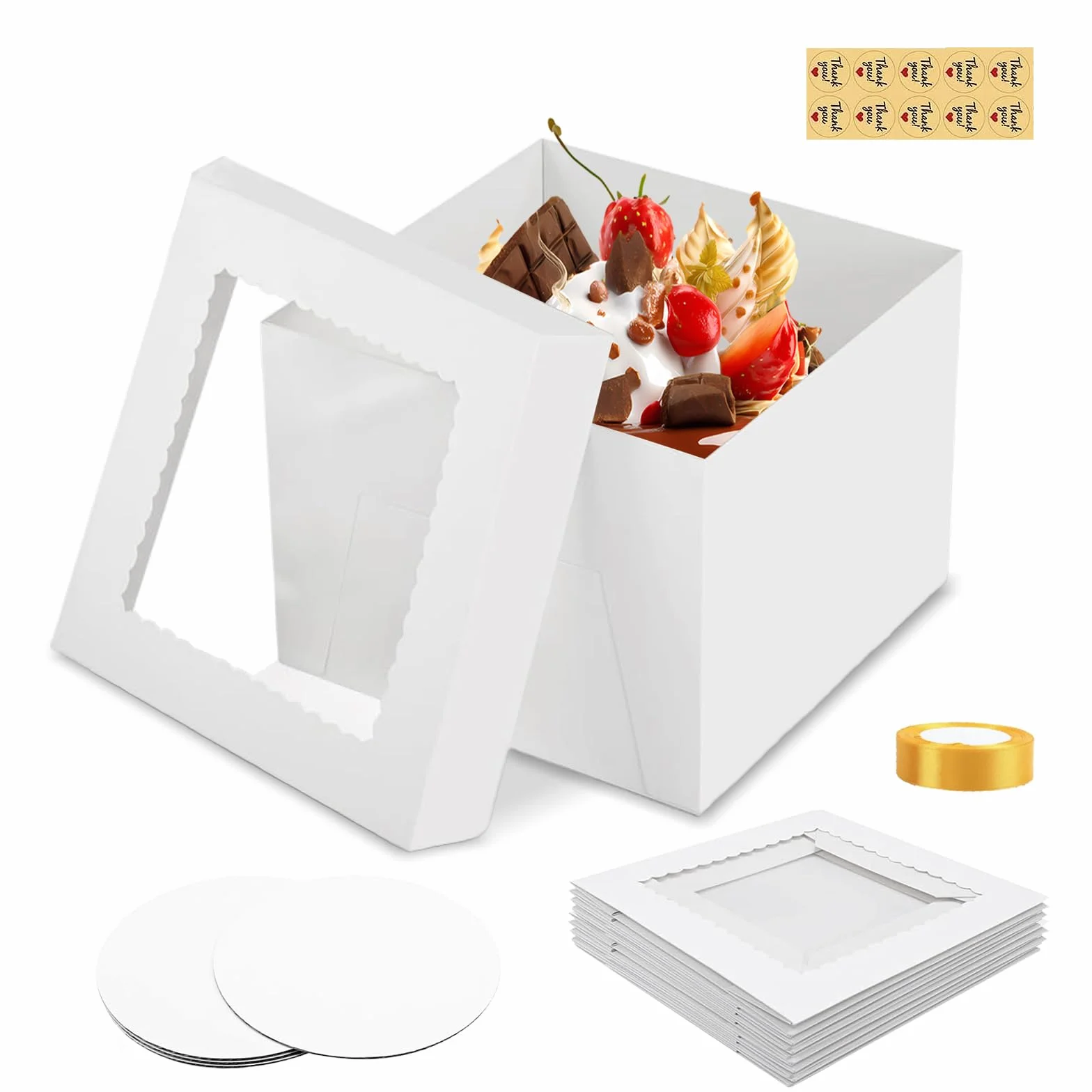 Pudełko na tort, 30,5 x 30,5 x 20,5 cm, wysokie pudełko na tort, 5 sztuk, wysokie pudełko na tort, karton na tort z oknem, okrągłe deski do ciasta i taśmą, pudełko na ciasto