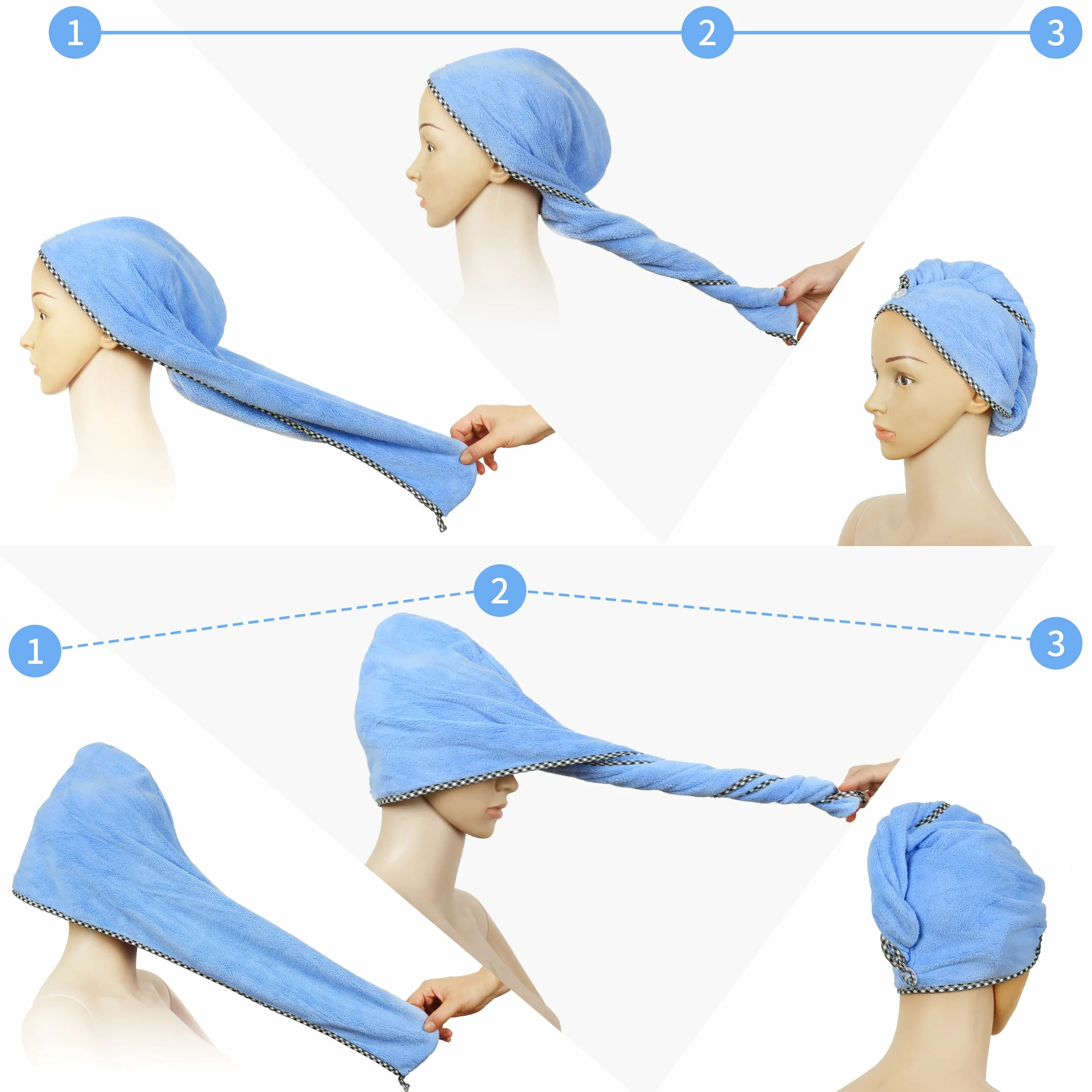 4 turbanów do włosów z mikrofibry, szybkoschnący ręcznik do włosów, ręcznik na głowę z guzikiem do włosów długich, krótkich, prostych lub kręconych