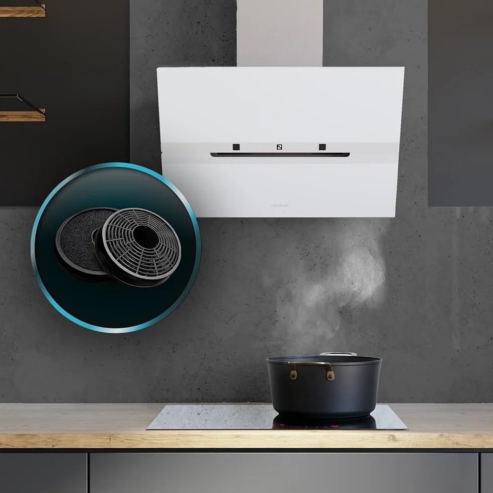 Cecotec Okap próżniowy 60 cm szkło hartowane. Bolero Flux DT 608010 szkło białe A++ 210 W, okap 60 cm, szkło białe, przepływ powietrza 800 m3/h, A++, elektroniczny, LED, węgiel Ø176, aluminium 5