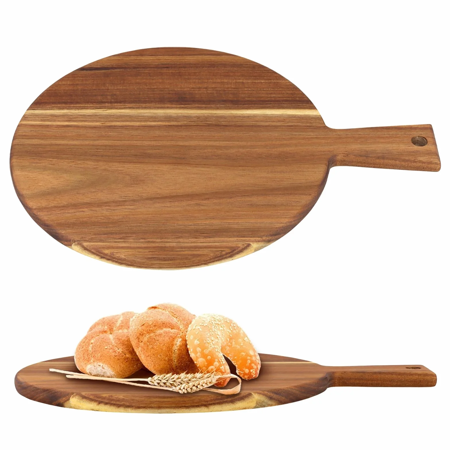 Drewniana deska do pizzy 30 cm z uchwytem, okrągła, brązowa, zestaw 2 sztuk