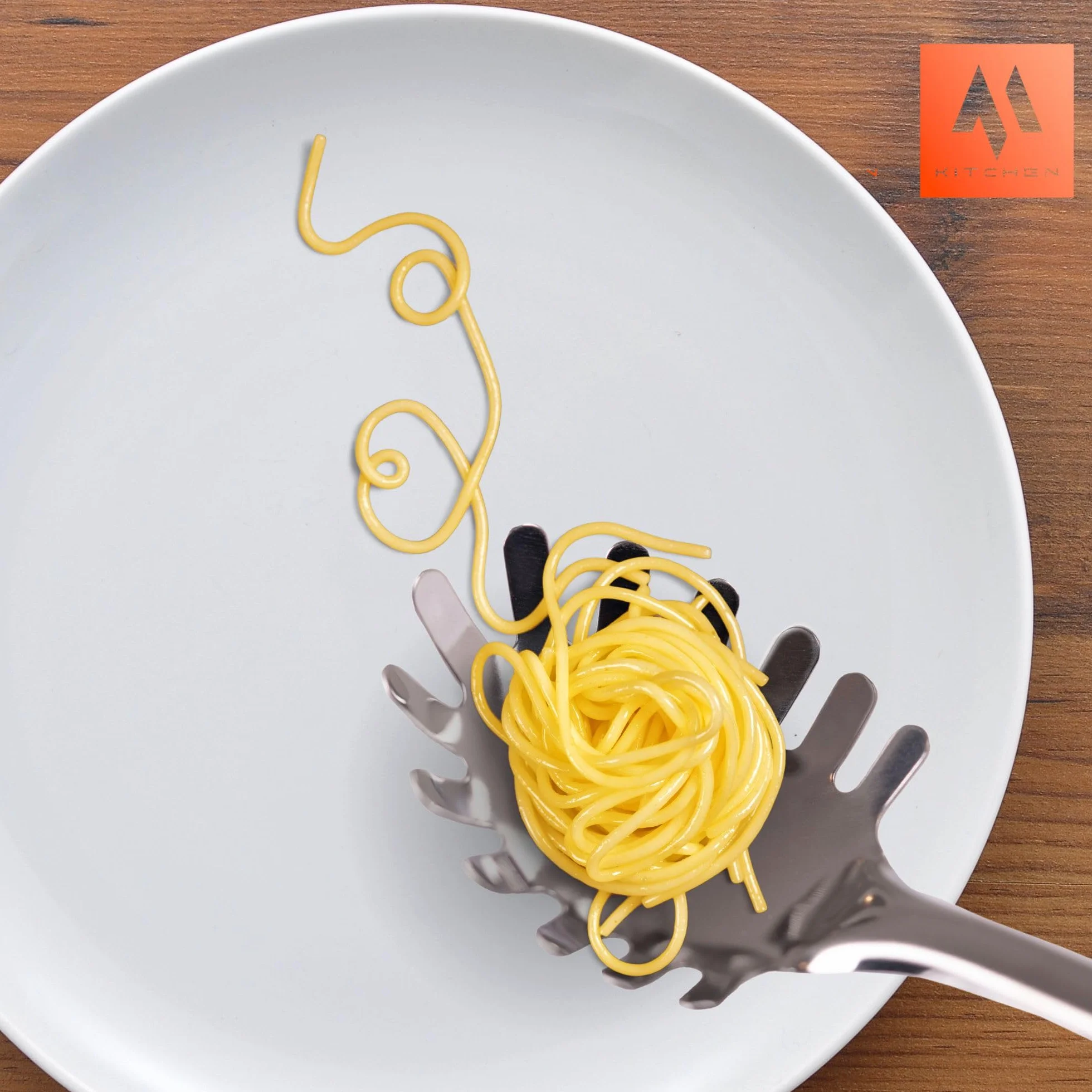 OMAGO, Łyżka do spaghetti, nabierka do makaronu, łyżka ze stali nierdzewnej, sitko do makaronu z zębami, profesjonalne łyżki do spaghetti, wysoka jakość produktu, srebrna