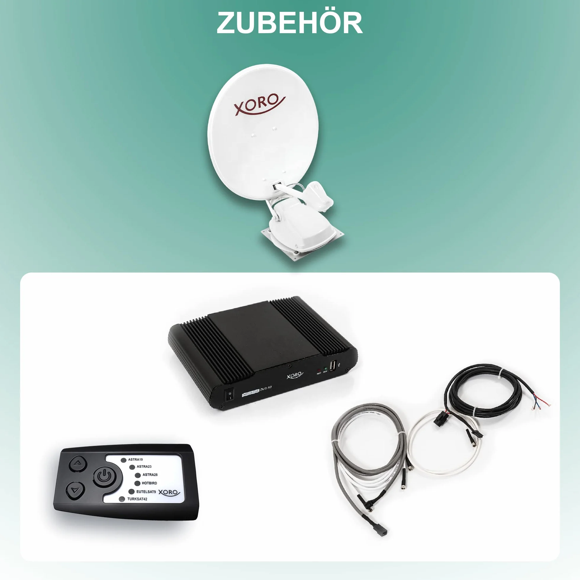 XORO MTA 65 – w pełni automatyczna antena satelitarna 65 cm, wkładka stacjonarna i mobilna, zasilanie 12/24 V, w zestawie sterownik, kabel instalacyjny i akcesoria, kolor biały