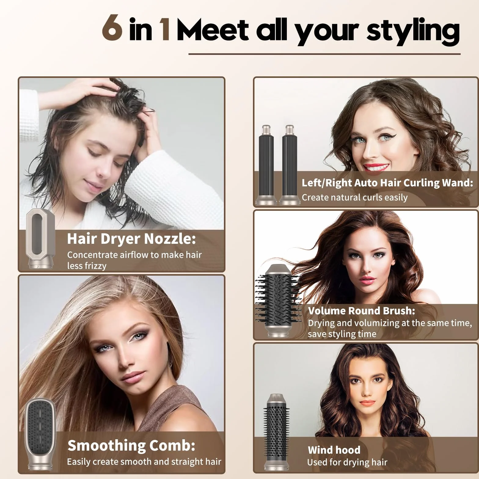 Zestaw 6 w 1 Airstyler z suszarką do włosów, szczotką, suszeniem, prostowaniem, lokami i objętością, grzebieniem do masażu z jonową pielęgnacją