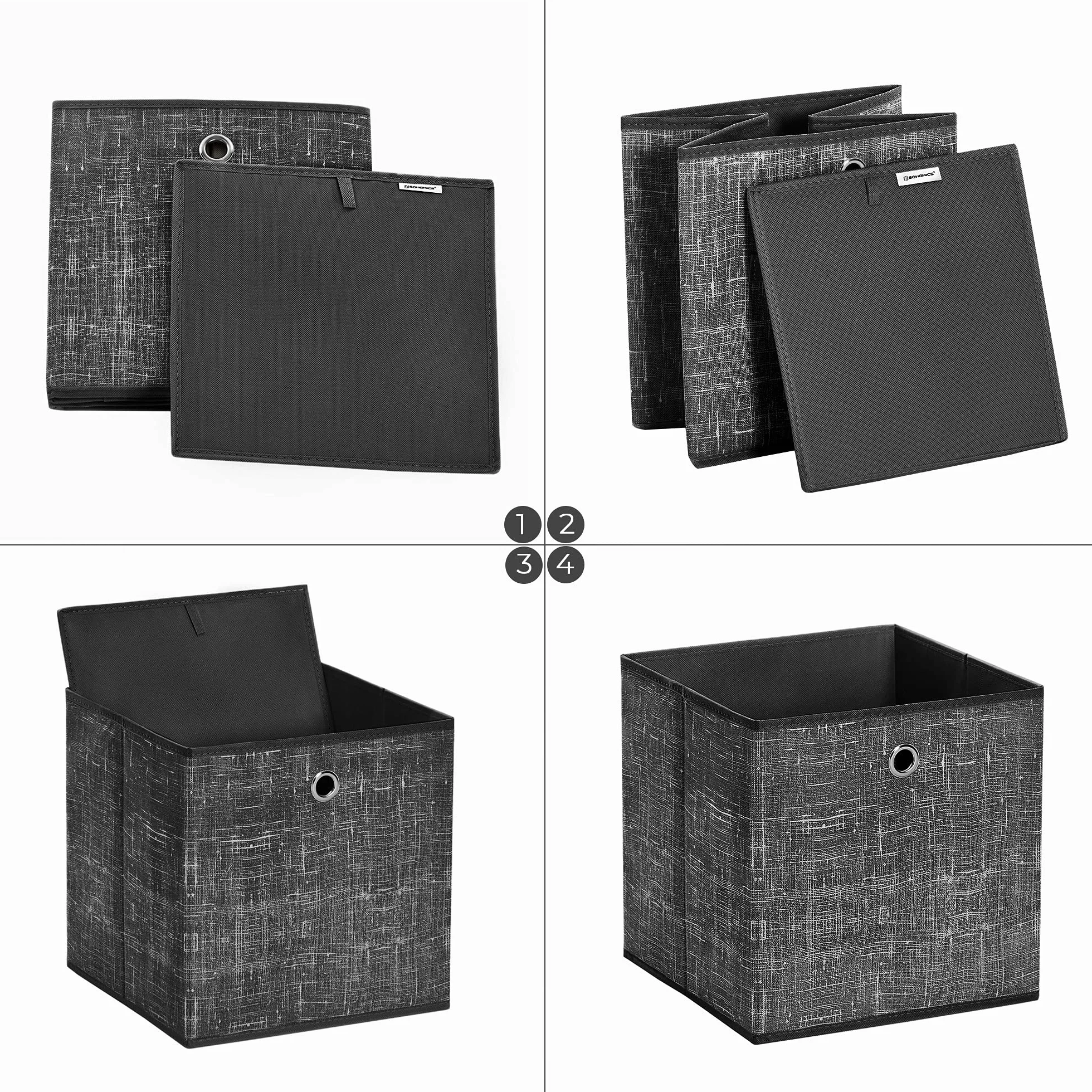 SONGMICS RFB006B01 zestaw 6 pudełek do przechowywania, składane pudełka z materiału, z włókniny, kostki, kosze do przechowywania, organizery na zabawki, ubrania, czarny