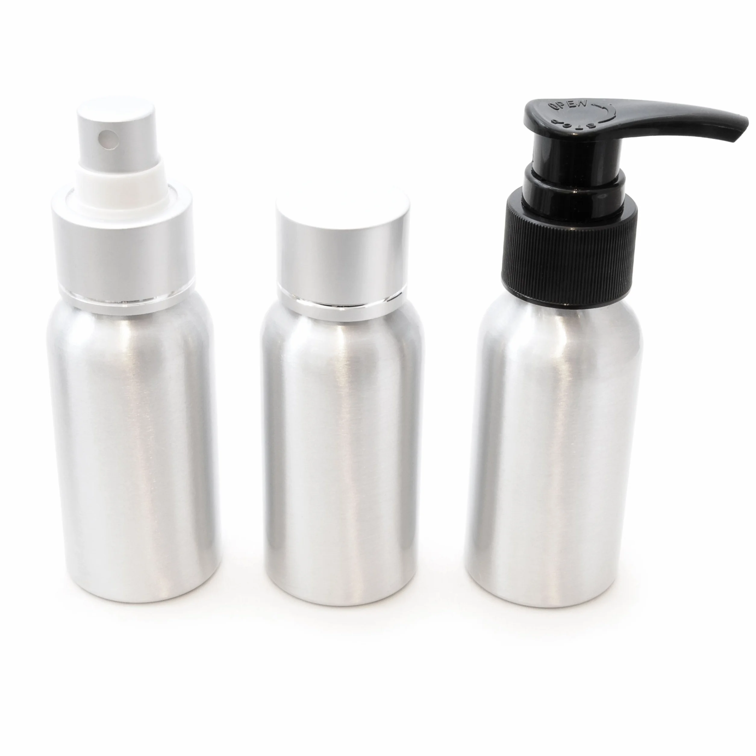Ganzoo 3 x 50 ml butelki ze szczotkowanego aluminium, srebrne: rozpylacz, dozownik pompka i butelka do napełniania, przenoszenia i organizacji płynów, wysokość 108 mm, średnica podstawy 35 mm, 25 g